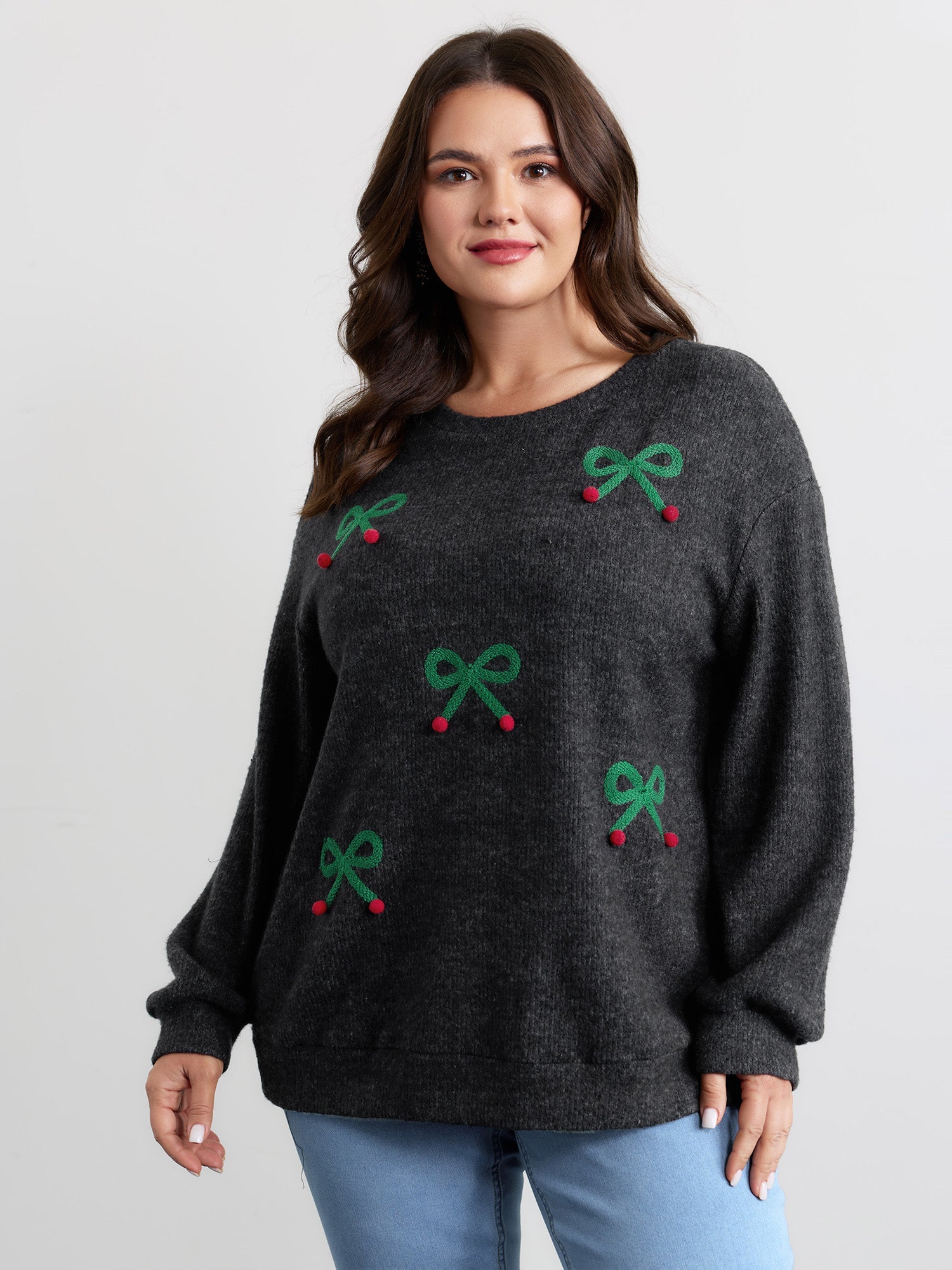 Cherry Cord Embroidery Textured Sweatshirt