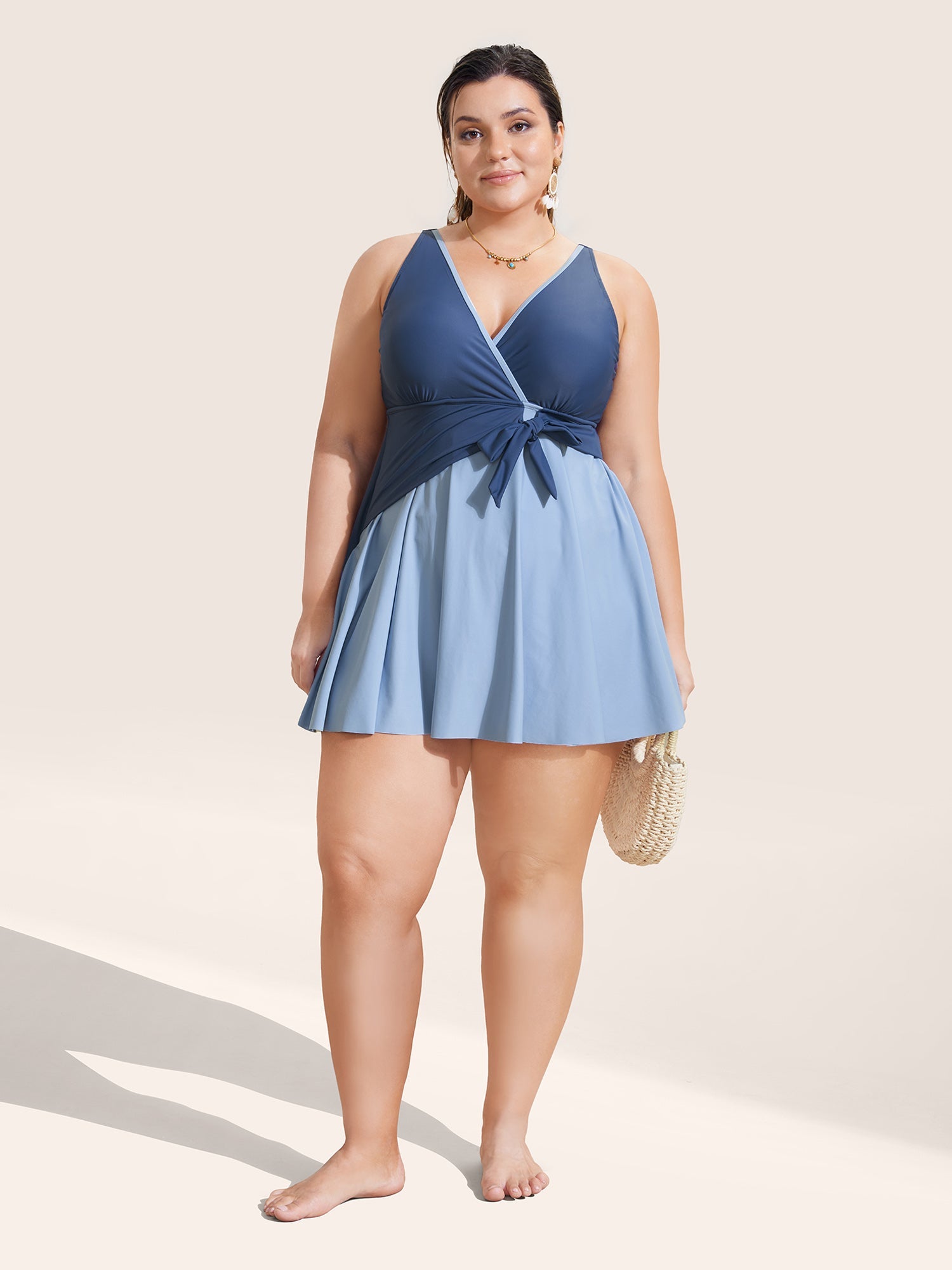 Contrast V Neck Tie Knot Swim Dress
