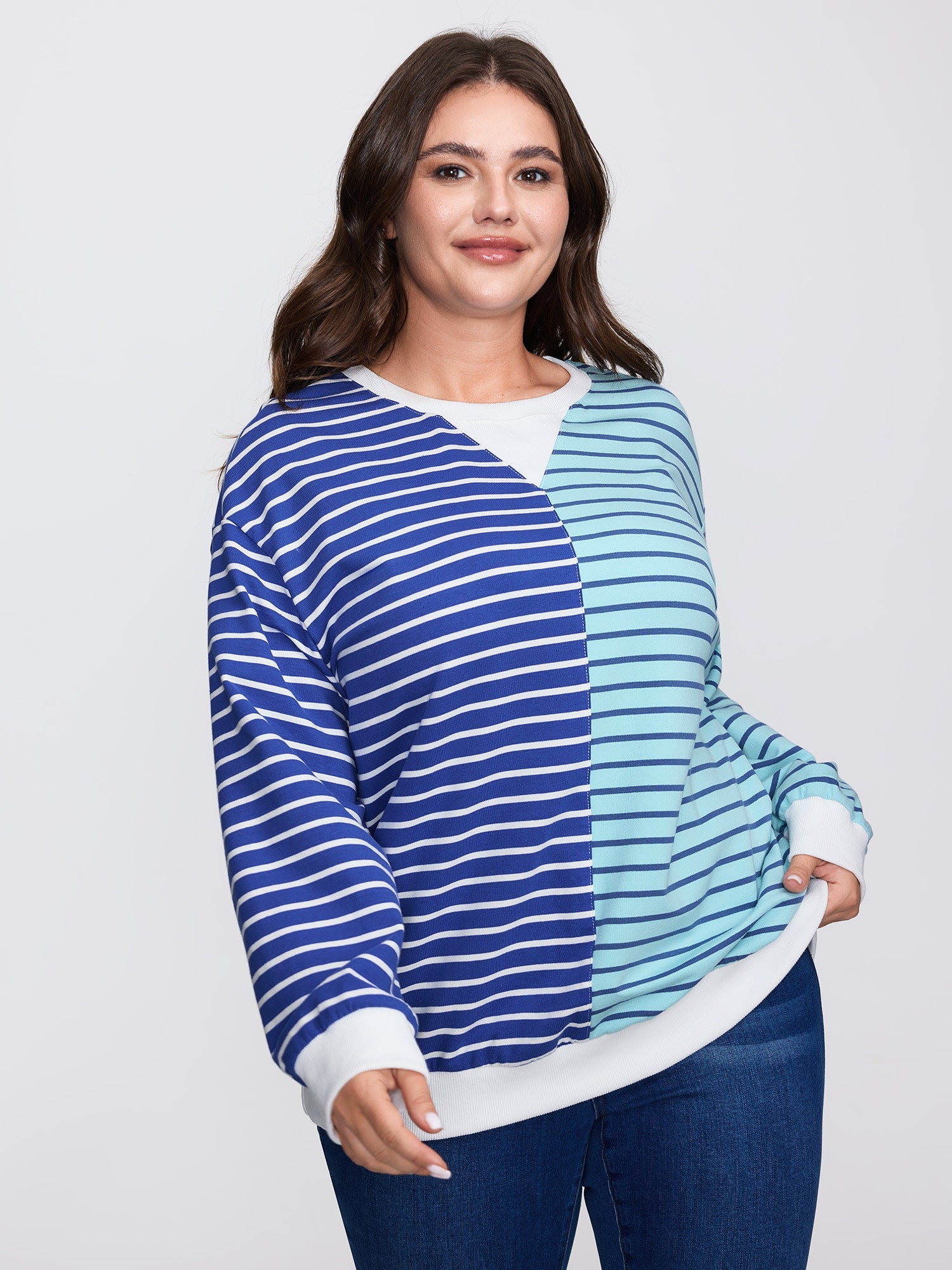 Color Contrast Stripe Print V-Neck Sweatshirt