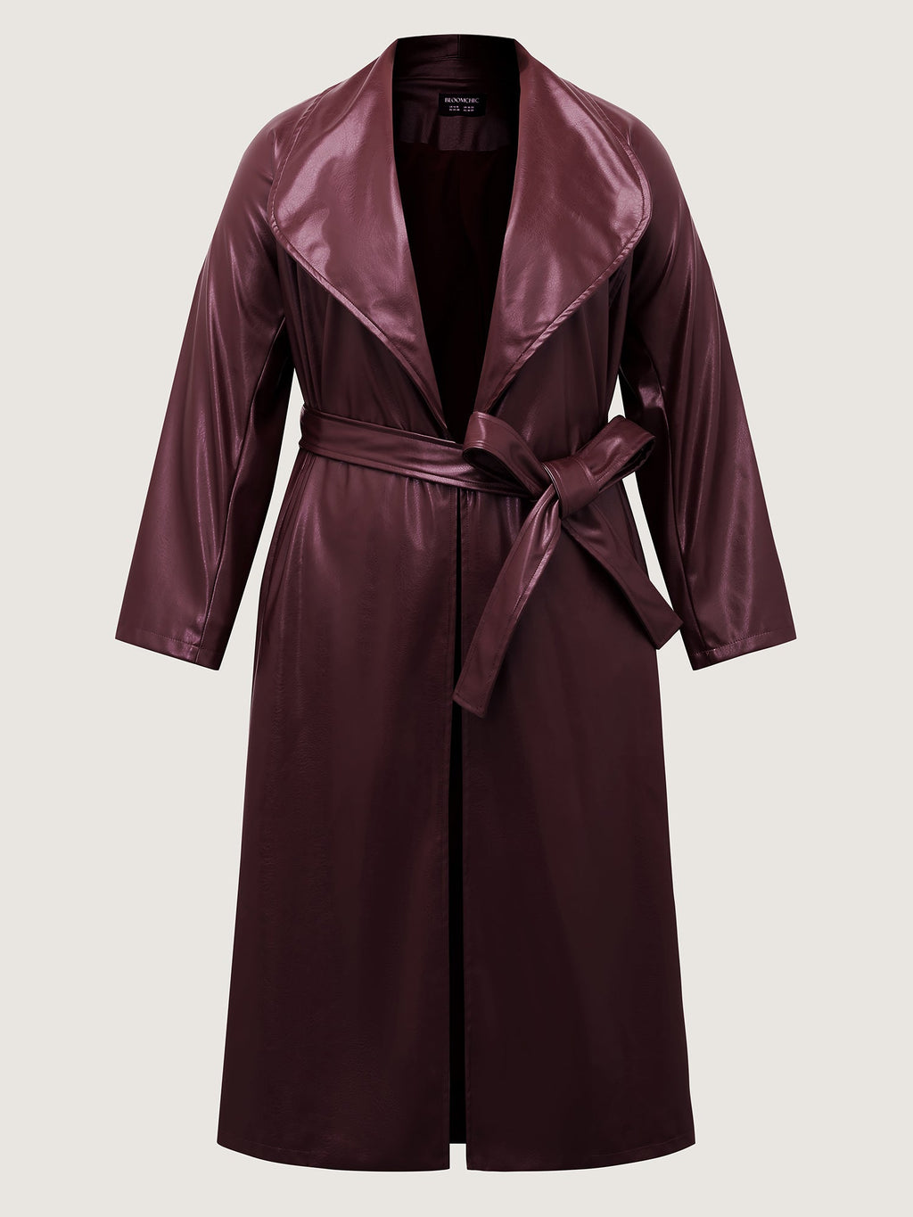 Artificial Leather Belted Waist Long Coat