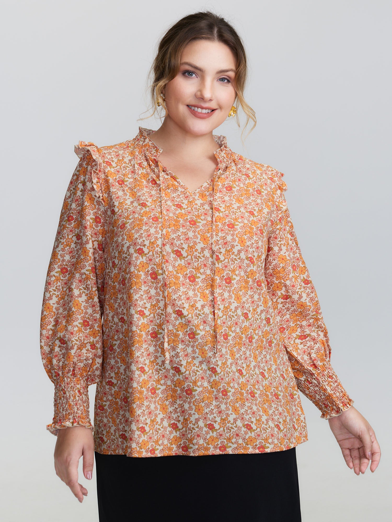 Chiffon Floral Print Ruffled Shoulder Blouse