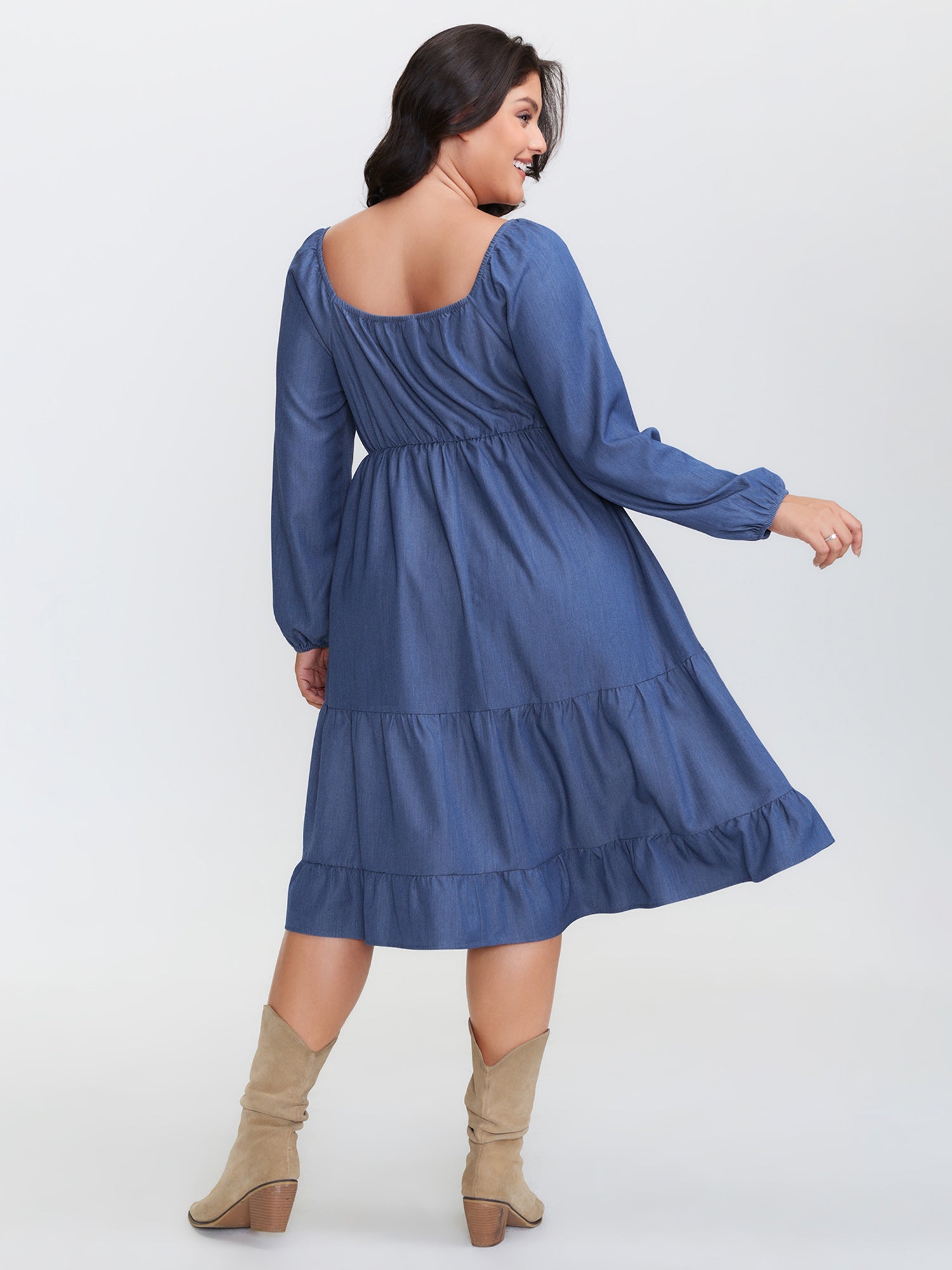 Denim-Like Cinched-Waist Pockets Midi Dress