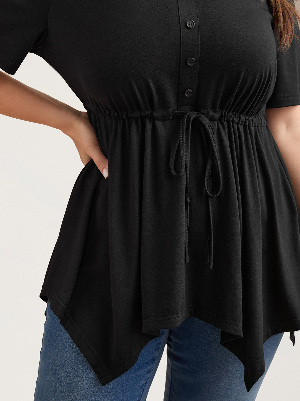 Adjustable Waist-Tie Asymmetrical Hem Plain Top