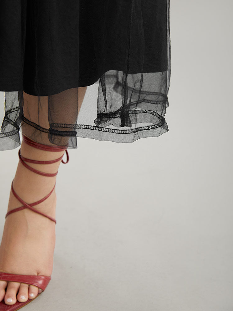 Butterfly Embroidered Mesh Gathered Patchwork Dress