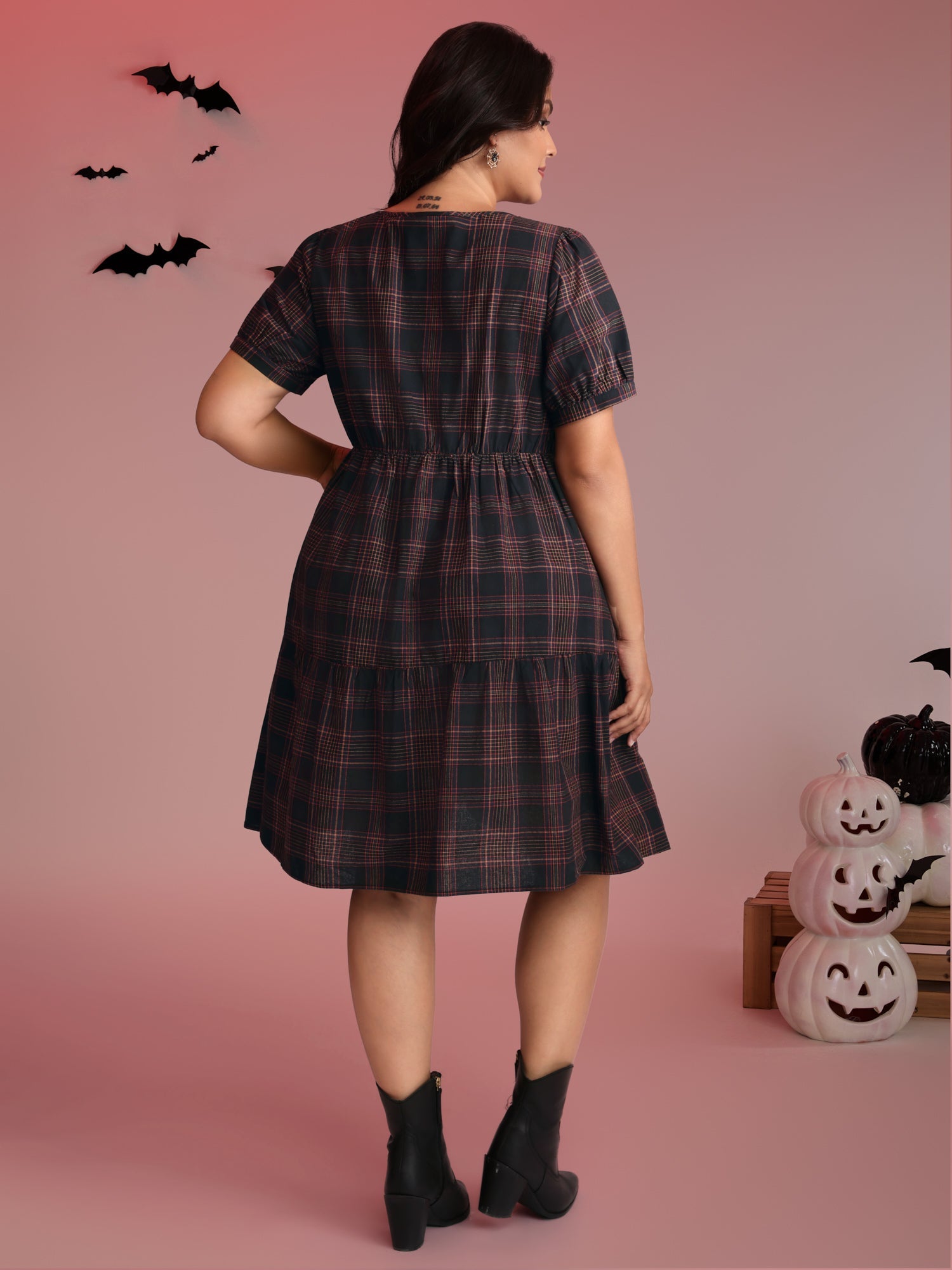Cotton Retro Plaid Print Tiered Stretchy Midi Dress