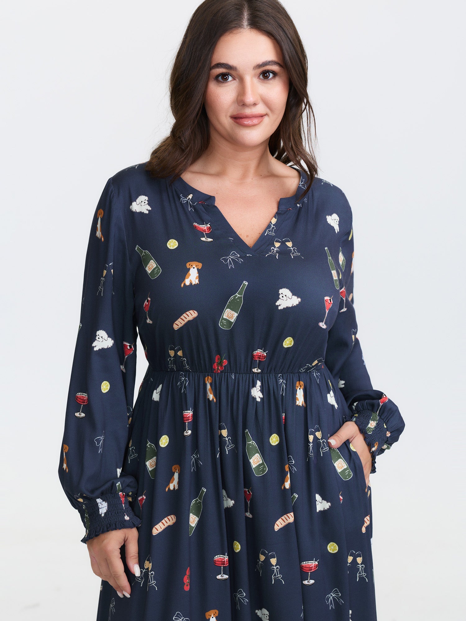 Colorful Pattern Shirred Pockets Midi Dress