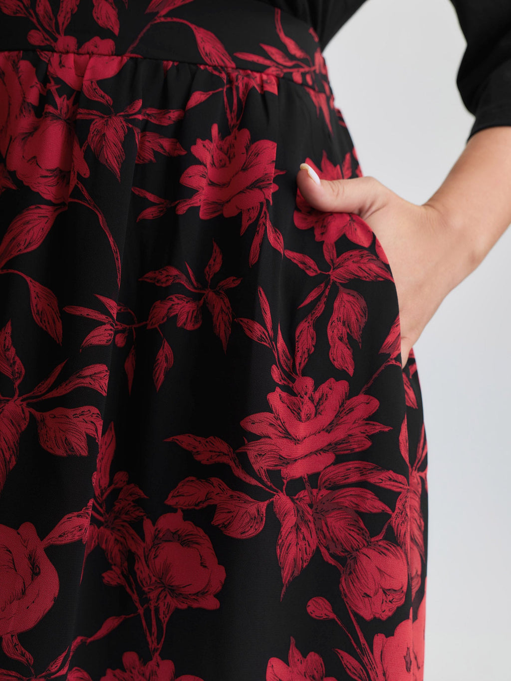 Floral Shirred Waist Color Contrast Midi Dress