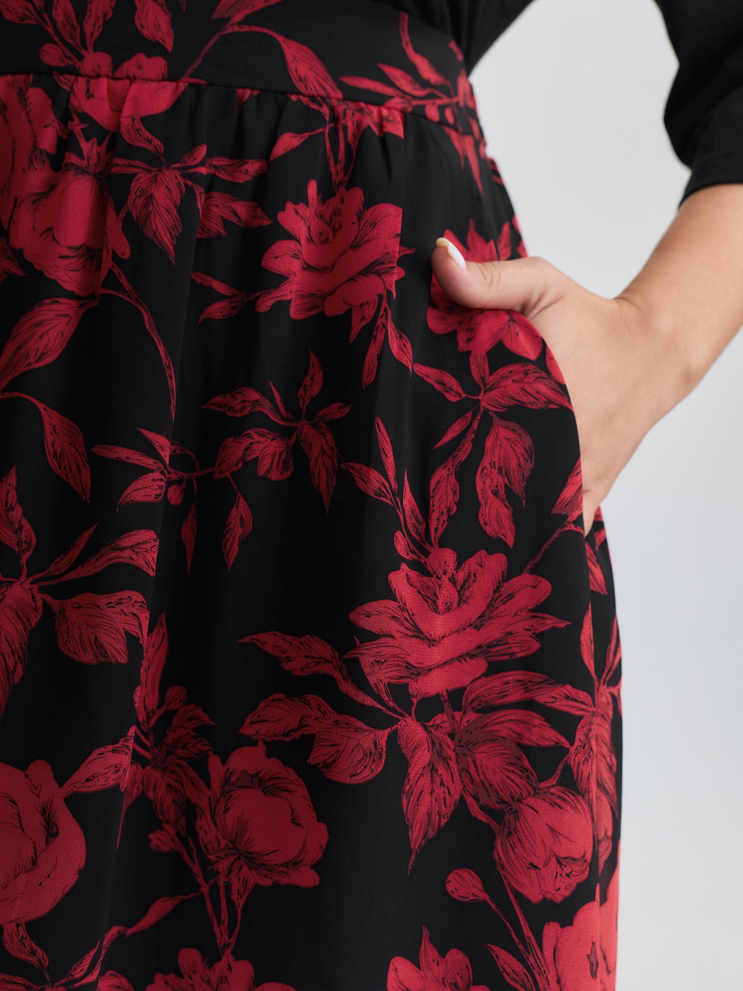 Floral Shirred Waist Color Contrast Midi Dress