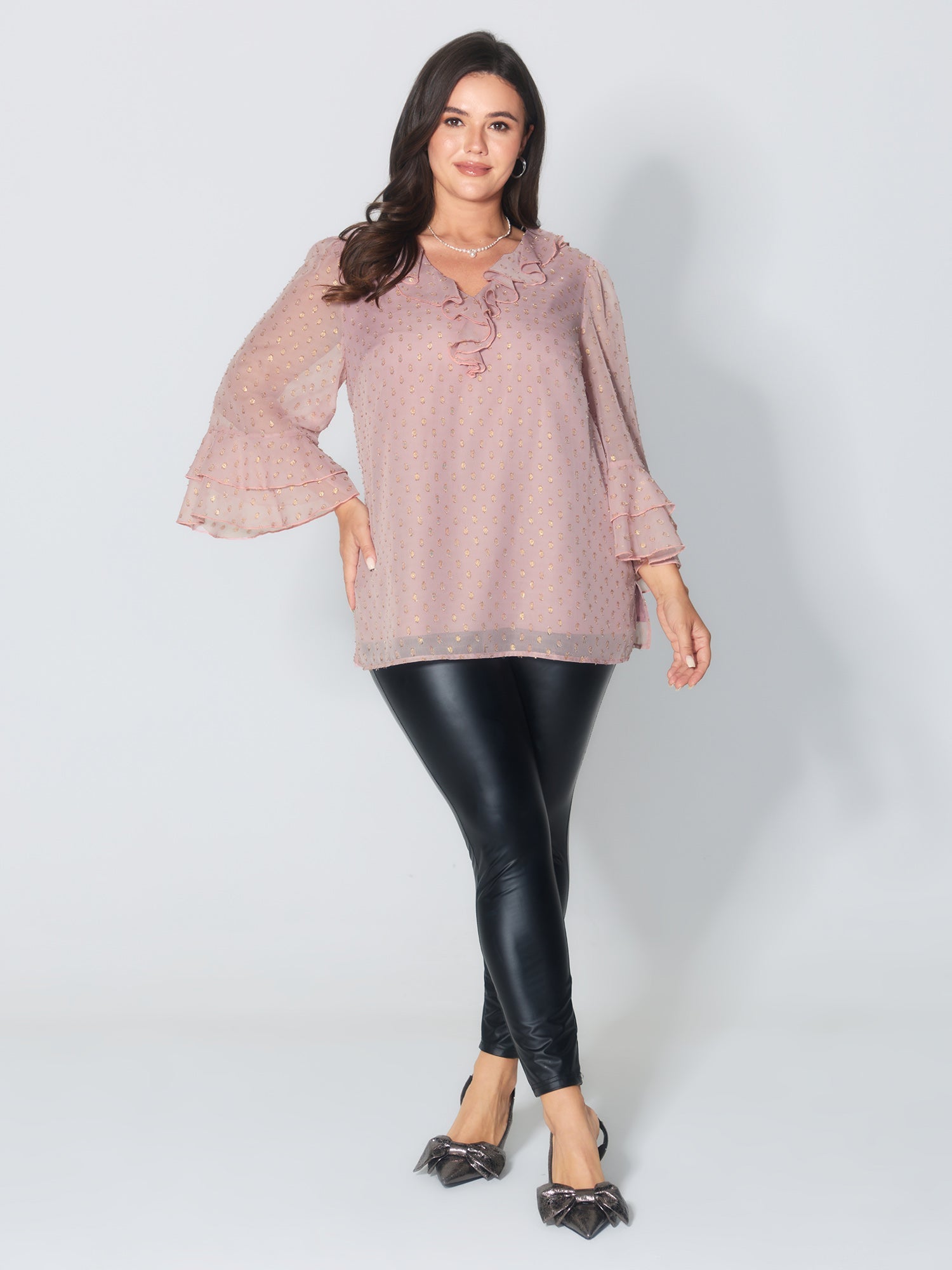 Chiffon Ruffled Neckline Layered Sleeve Blouse