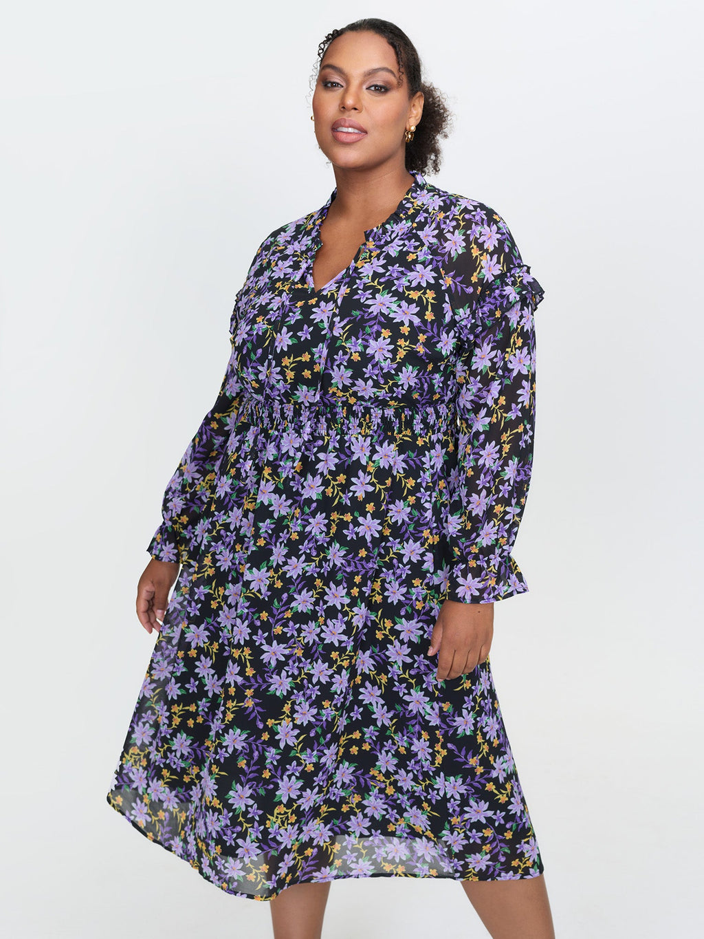 Chiffon Floral Print Ruffled Midi Dress