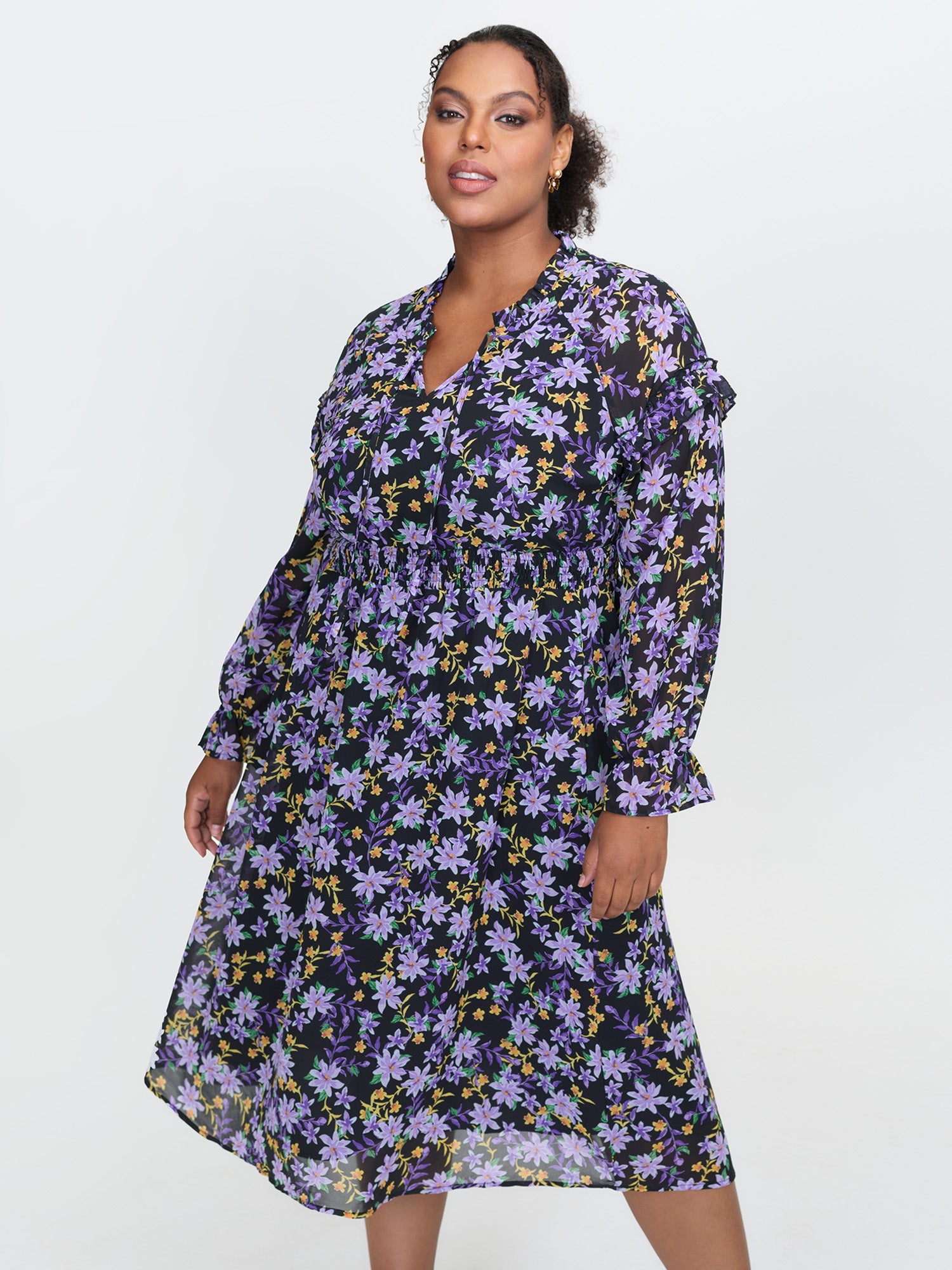 Chiffon Floral Print Ruffled Midi Dress