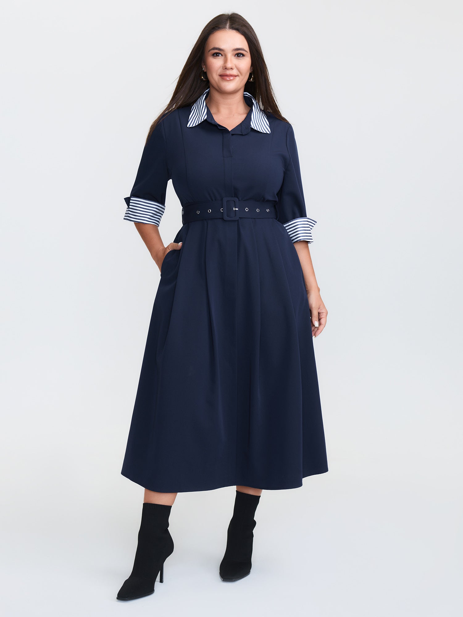 Color Contrast Cuffs Belted Midi Dress