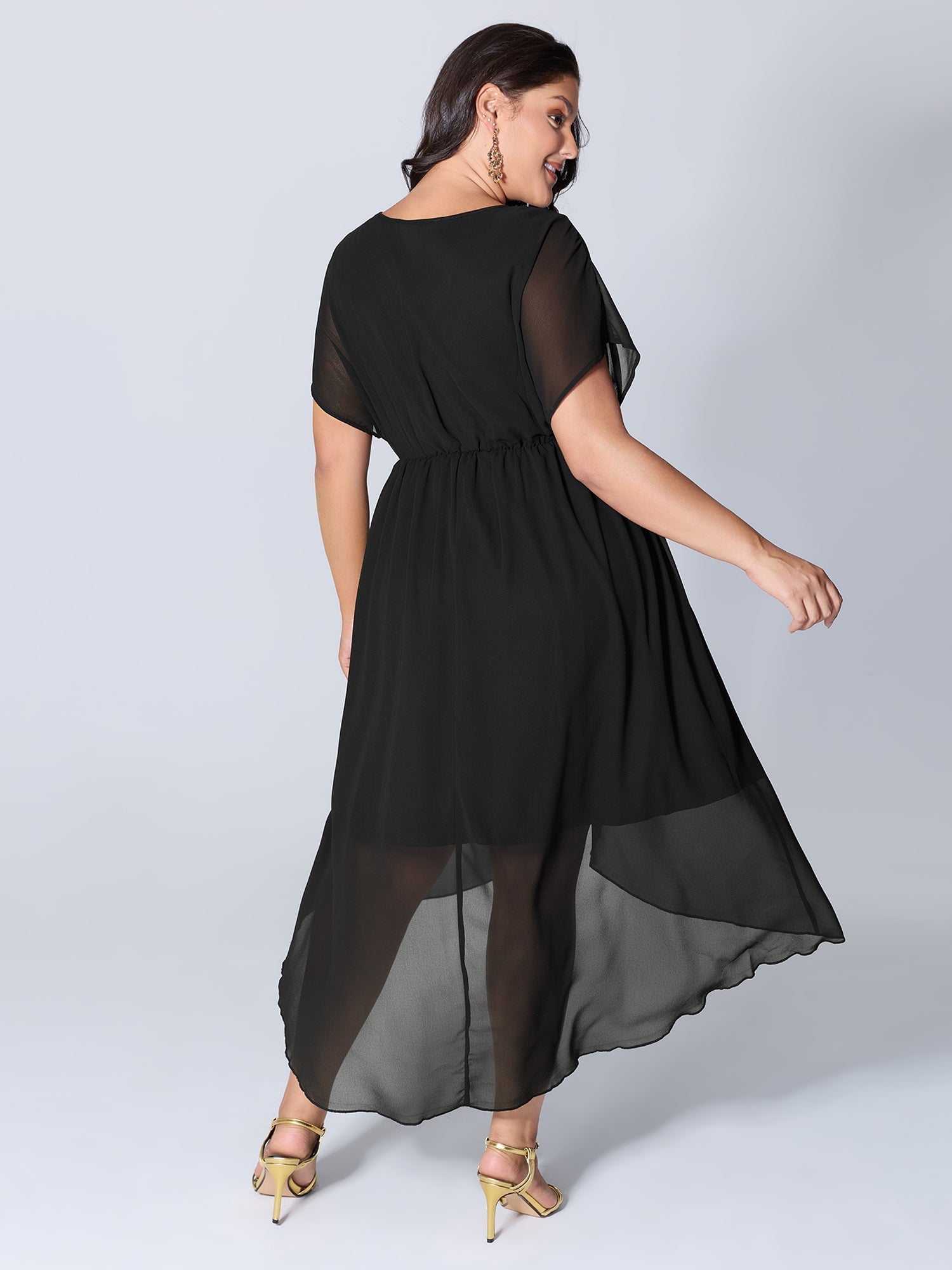 2-in-1 Sheer Sparkly Wrap Midi Dress