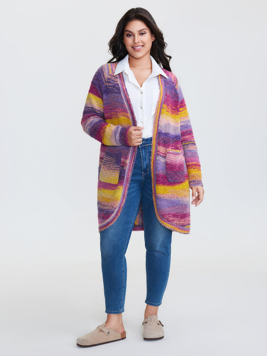 Color Gradient Textured Open-Front Knit Cardigan