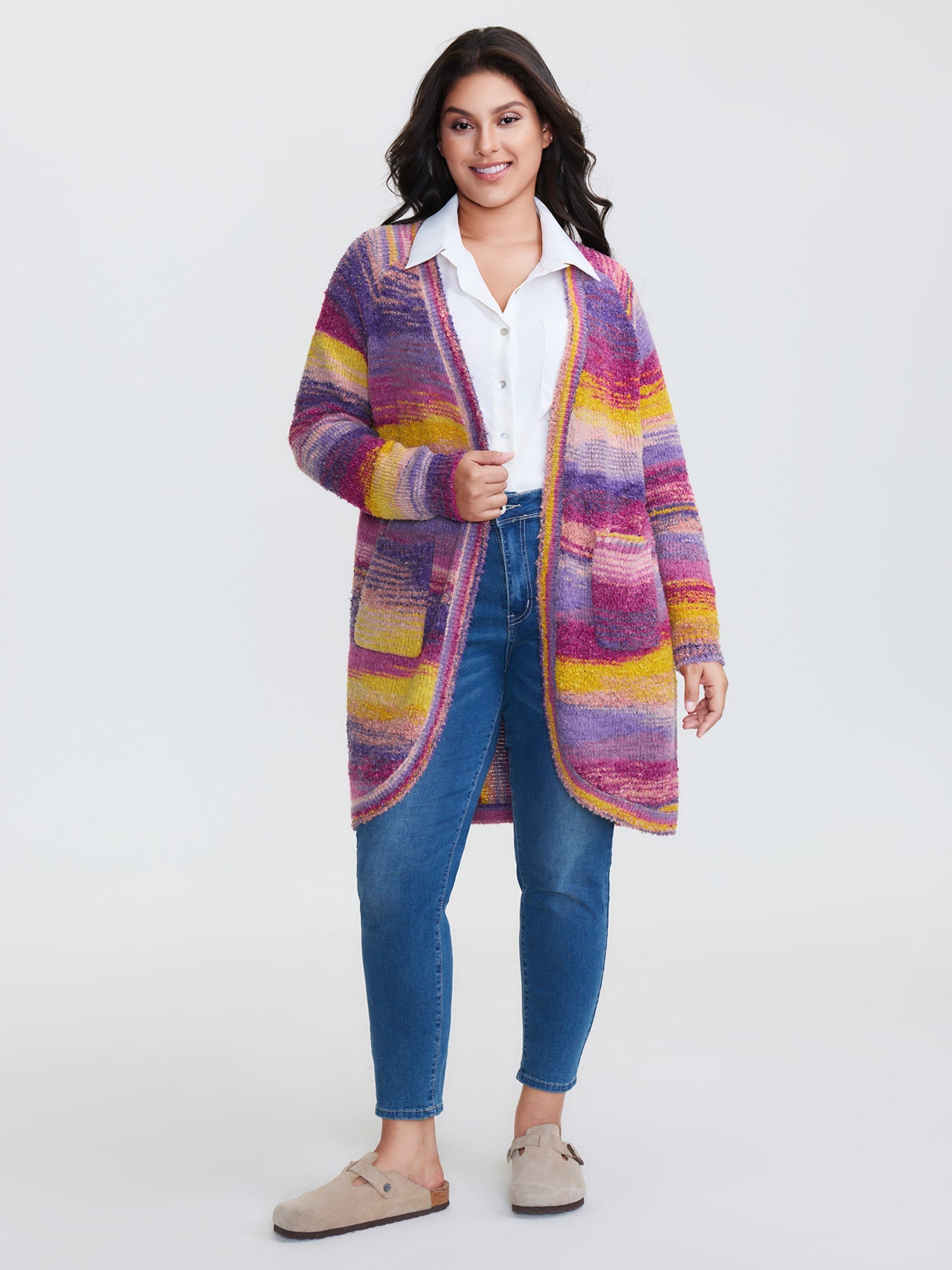 Color Gradient Textured Open-Front Knit Cardigan