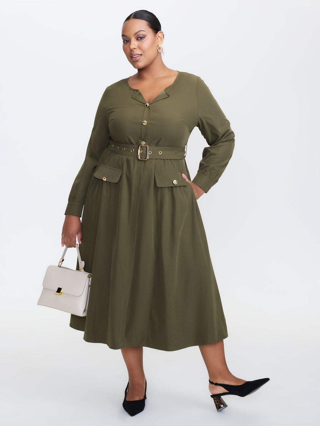 Belted Waist Buttons Pockets Midi Dress