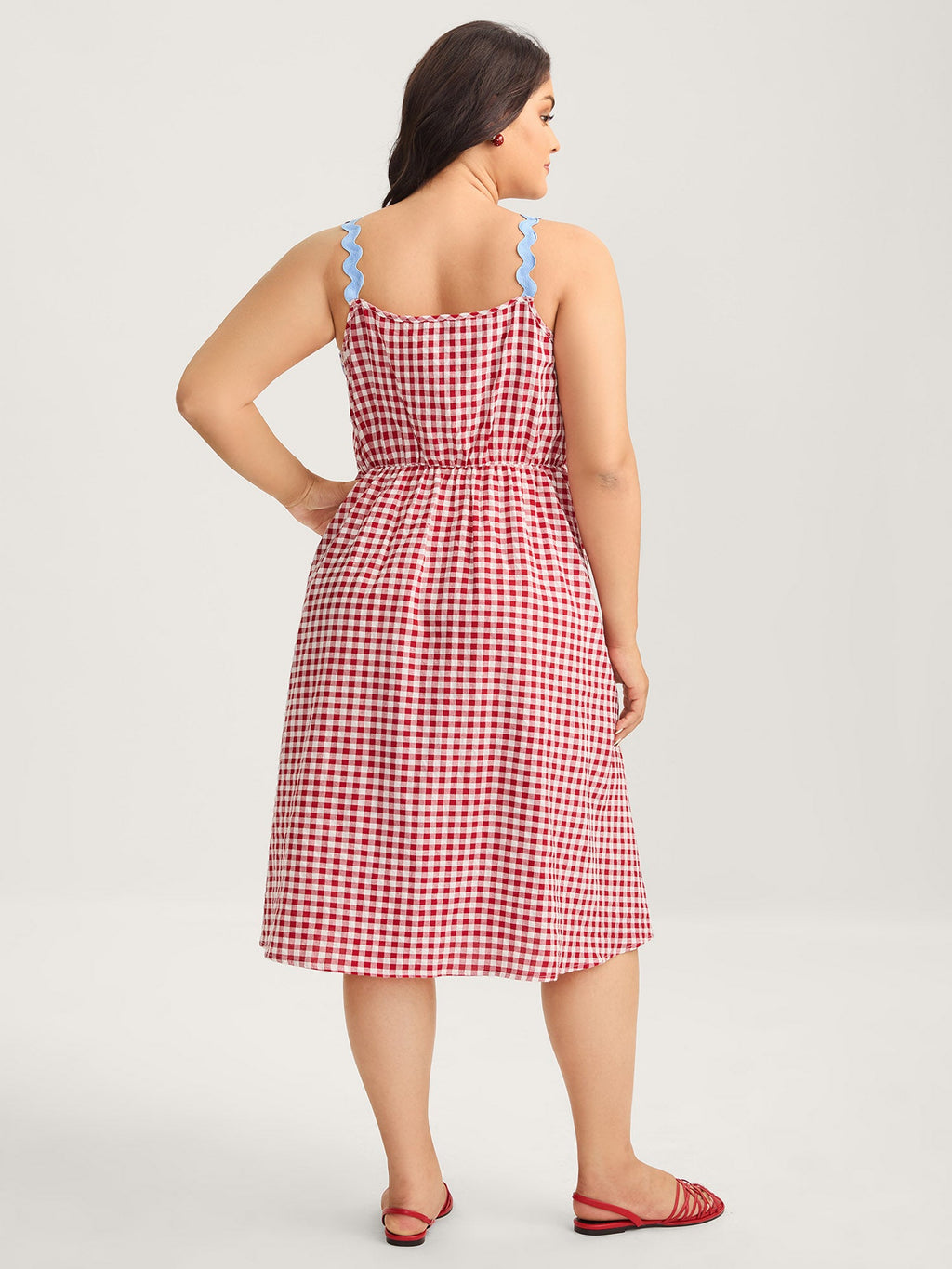 Cotton Sweet Gingham Print Stretchy Waist Midi Dress