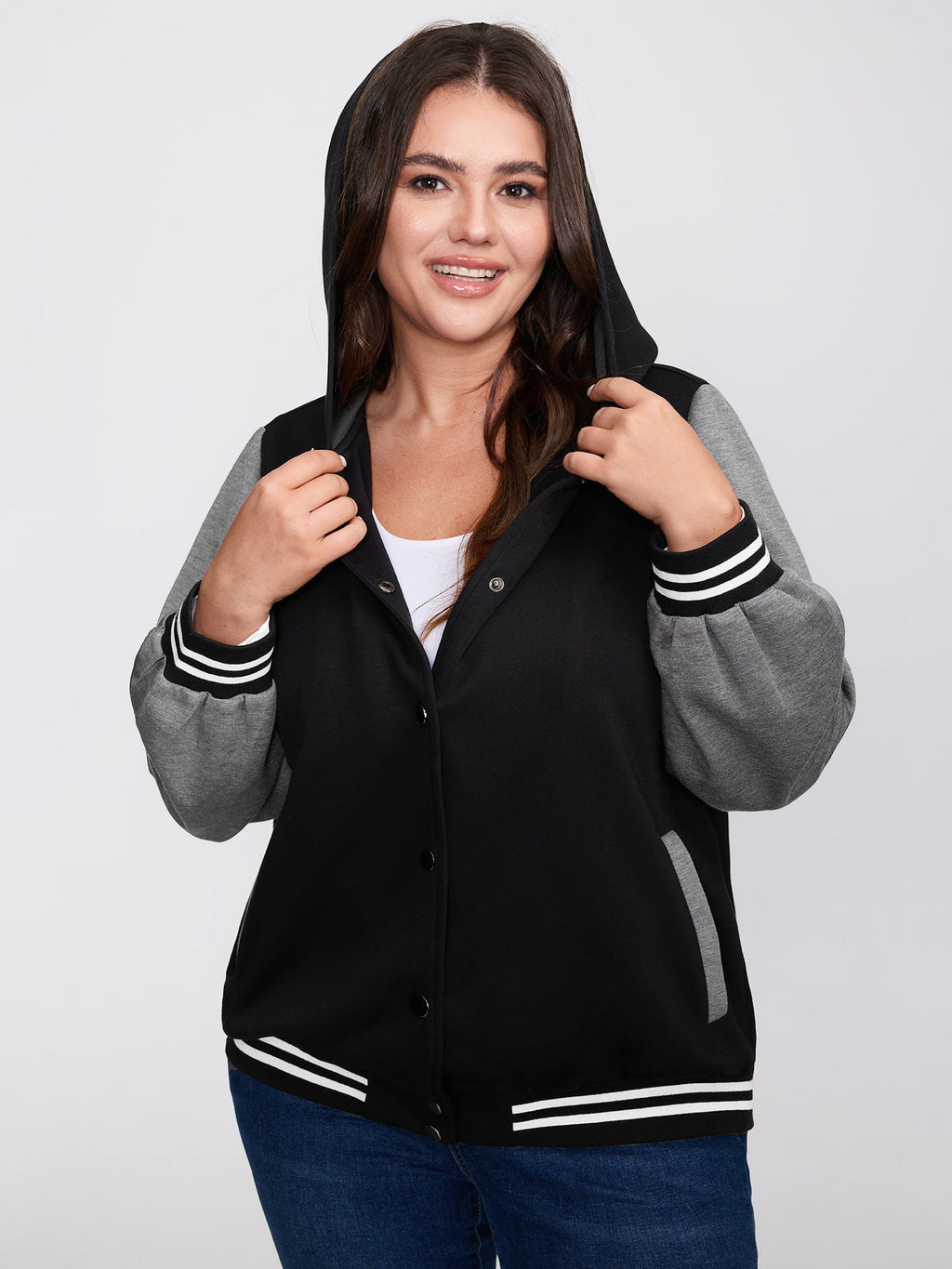 Colorblock Pockets Button Hooded Jacket