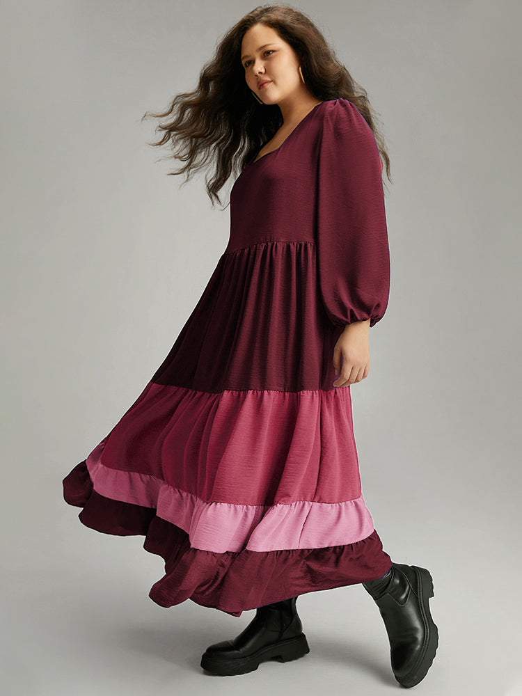 Colorblock Contrast Square Neck Ruffle Layered Hem Dress