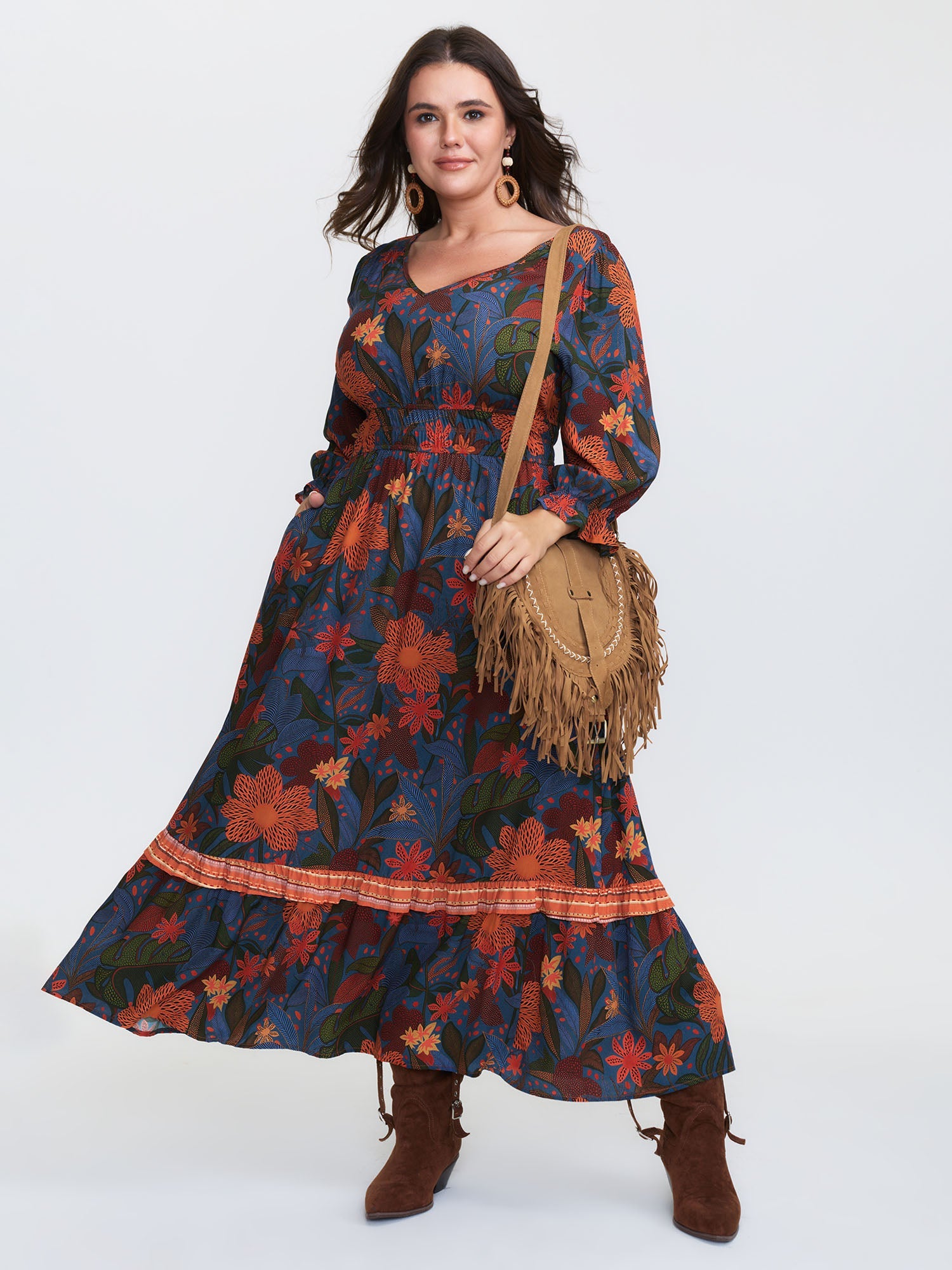 Colorful Floral Print Waistband Maxi Dress