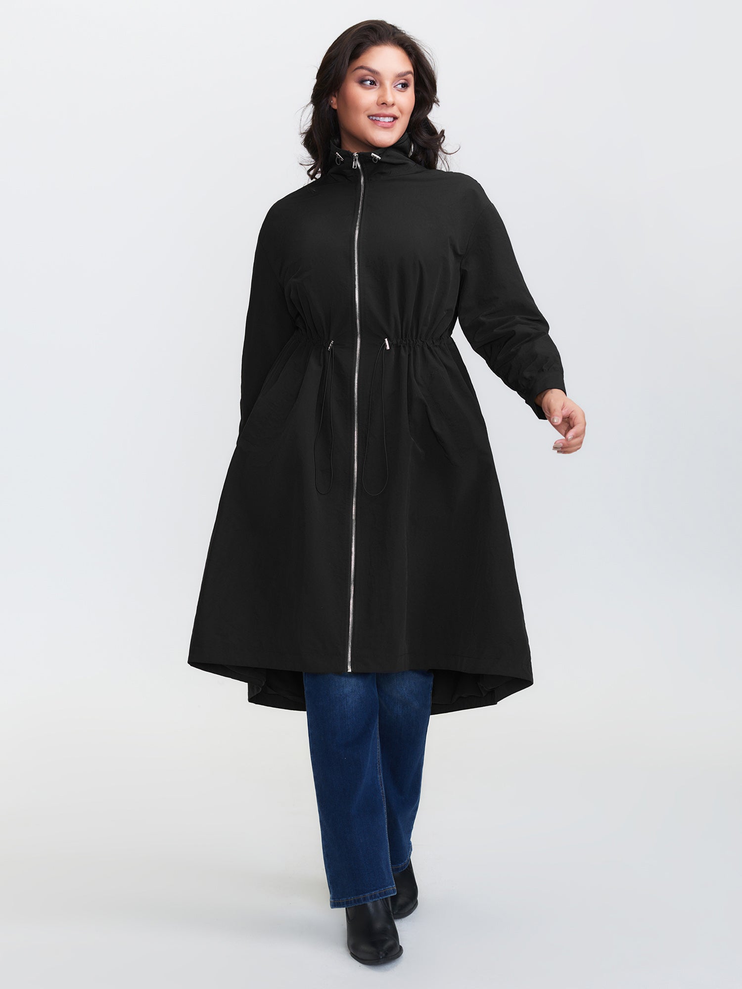 Drawstring Pockets Zipper Long Coat