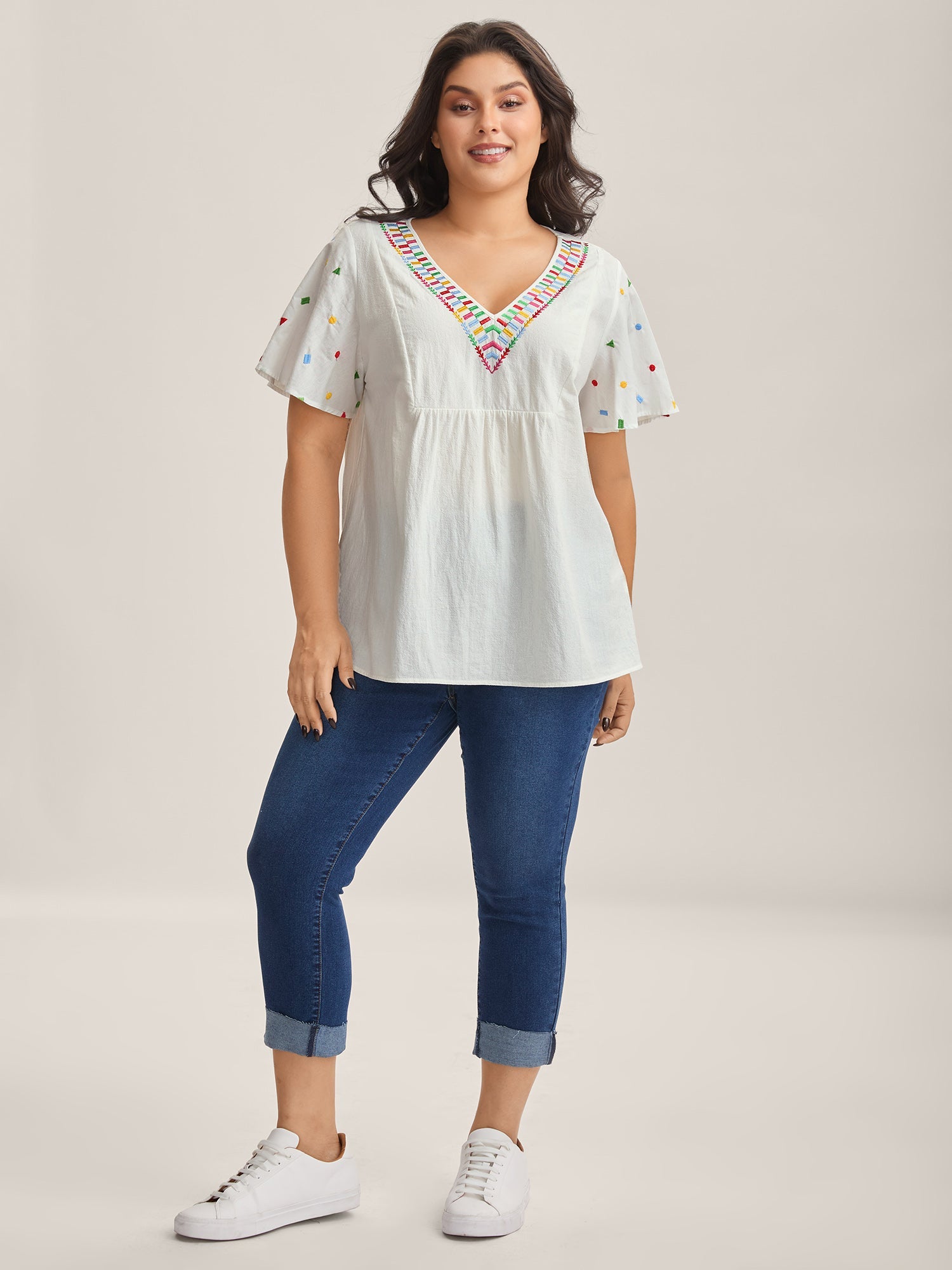 Cotton Colorful Embroidery V-Neck Solid Blouse