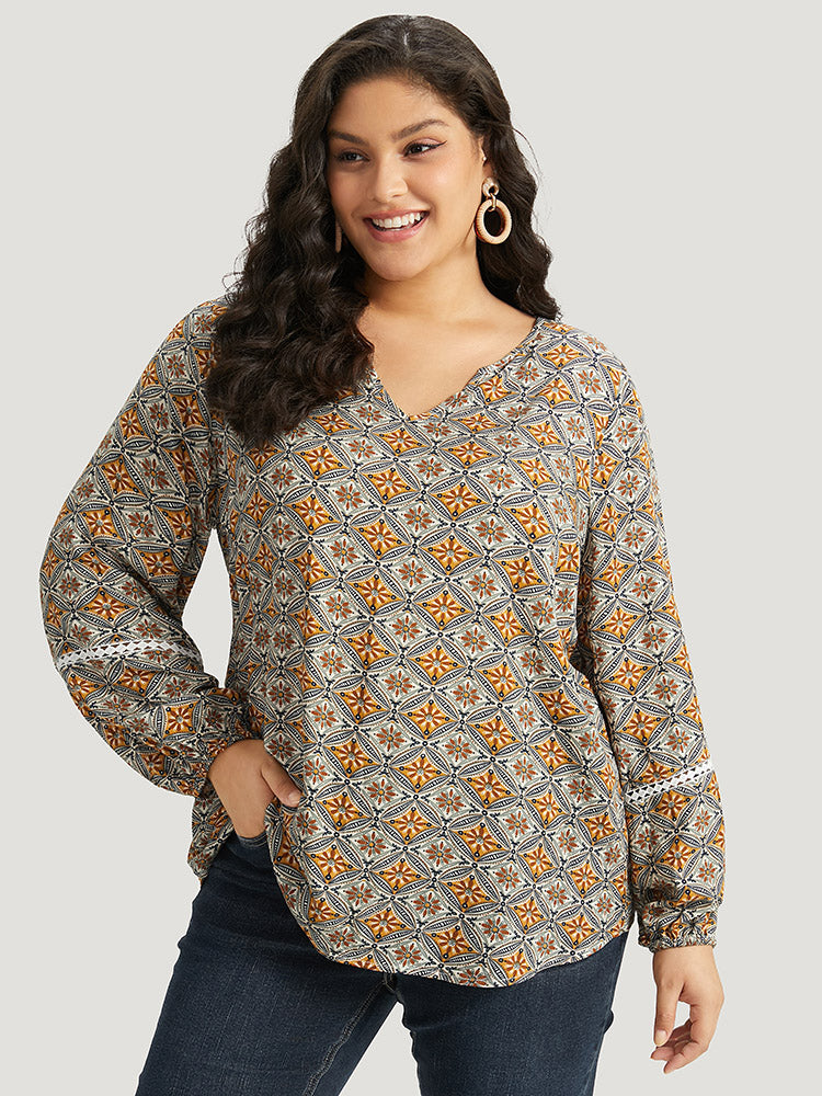 Boho Print Notched Contrast Lace Blouse