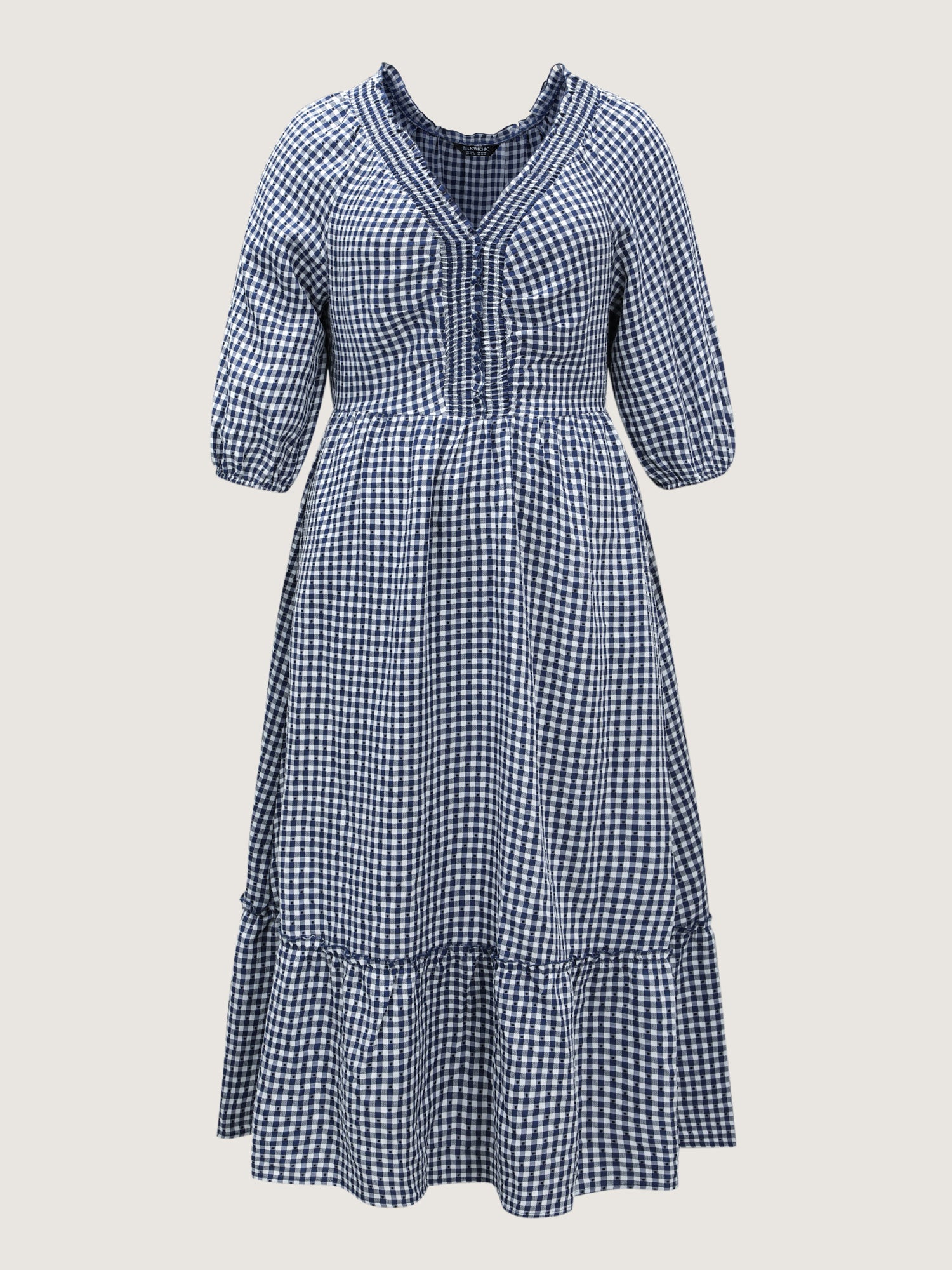 Checkered Shirred Pockets Tiered Maxi Dress