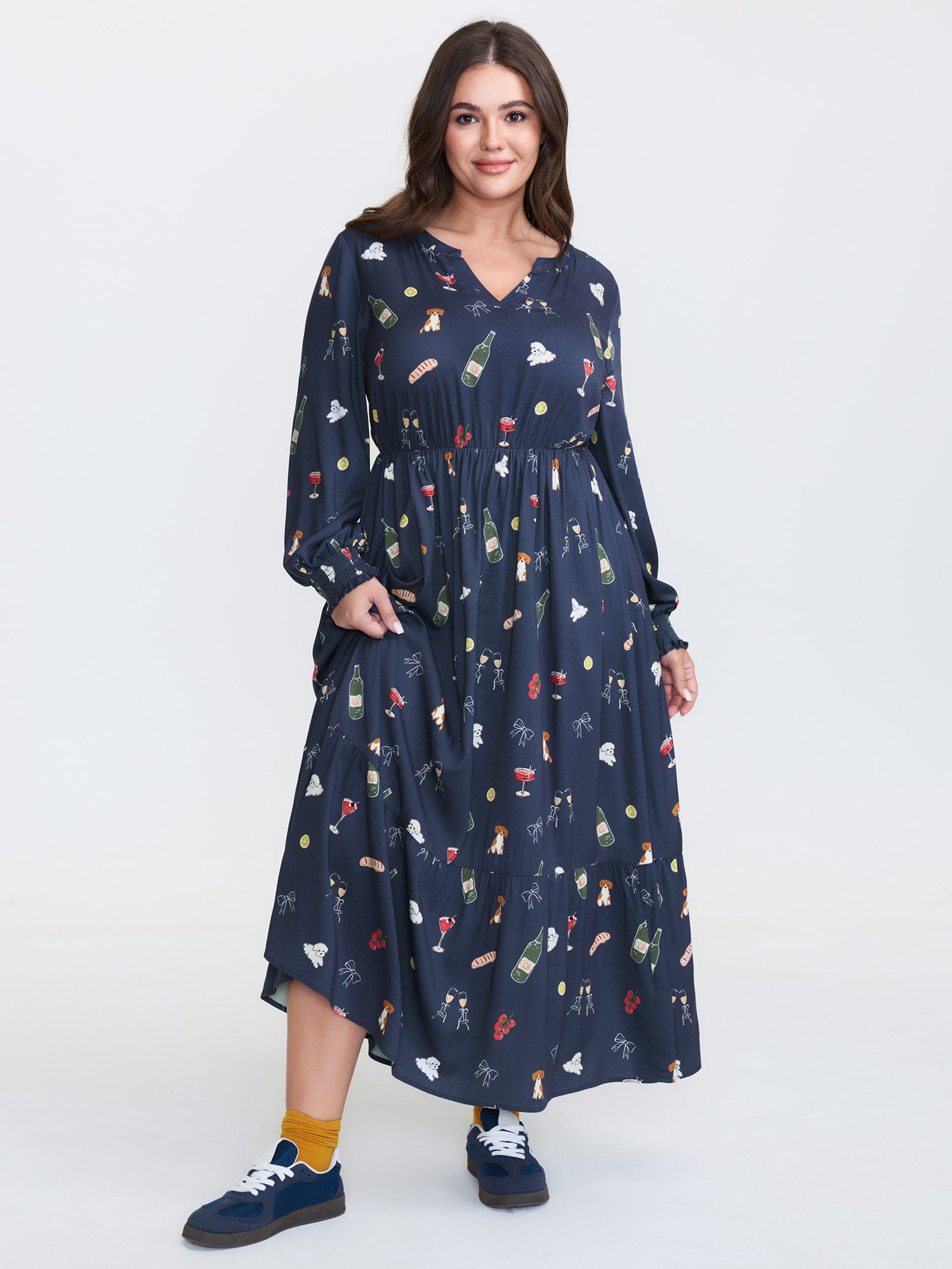 Colorful Pattern Shirred Pockets Midi Dress