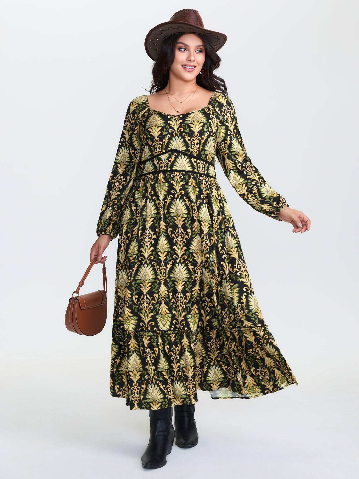 Boho Print Triangular Waist Shirred Maxi Dress