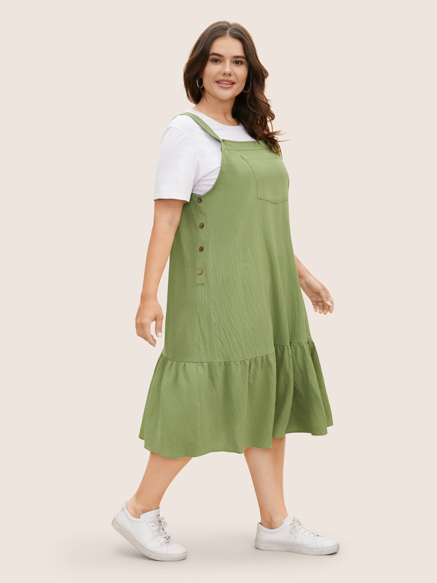 Cotton Square Neck Button Detail Patched Pocket Dress