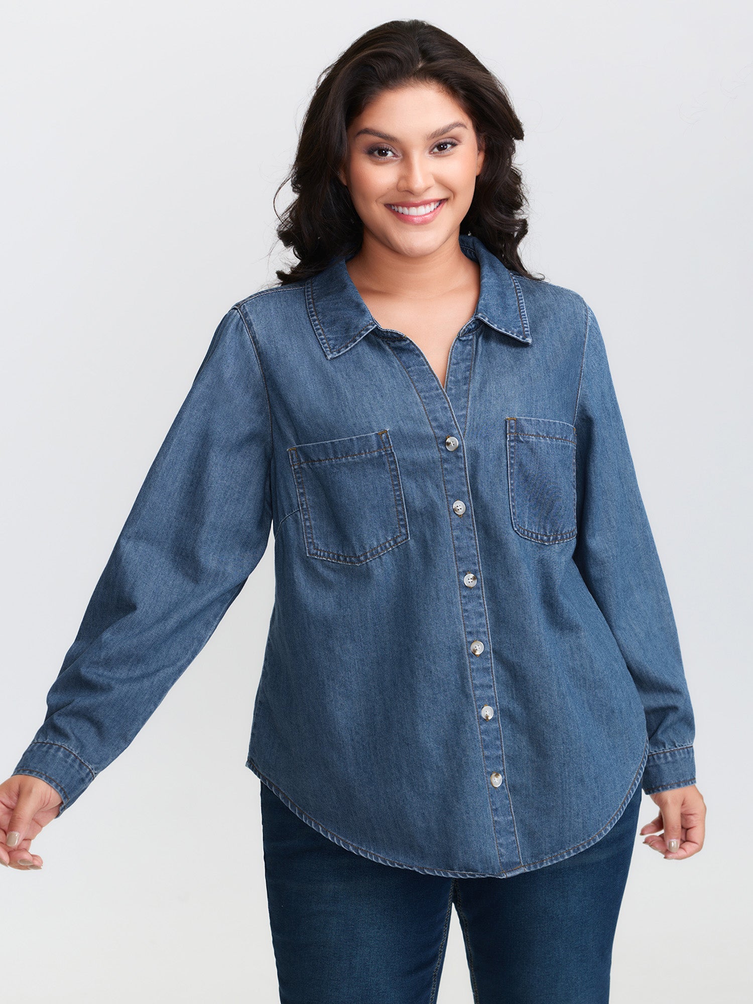 Button-Down Curvy Hem Denim Top