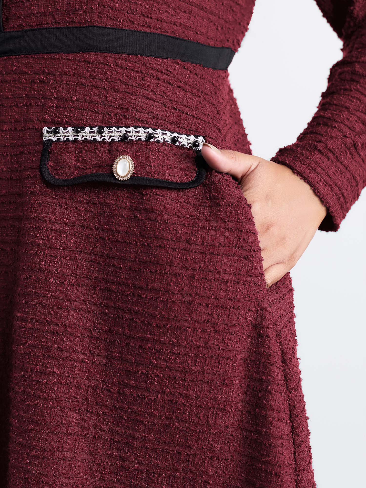 Tweed Stretchy Waist Color Contrast Midi Dress