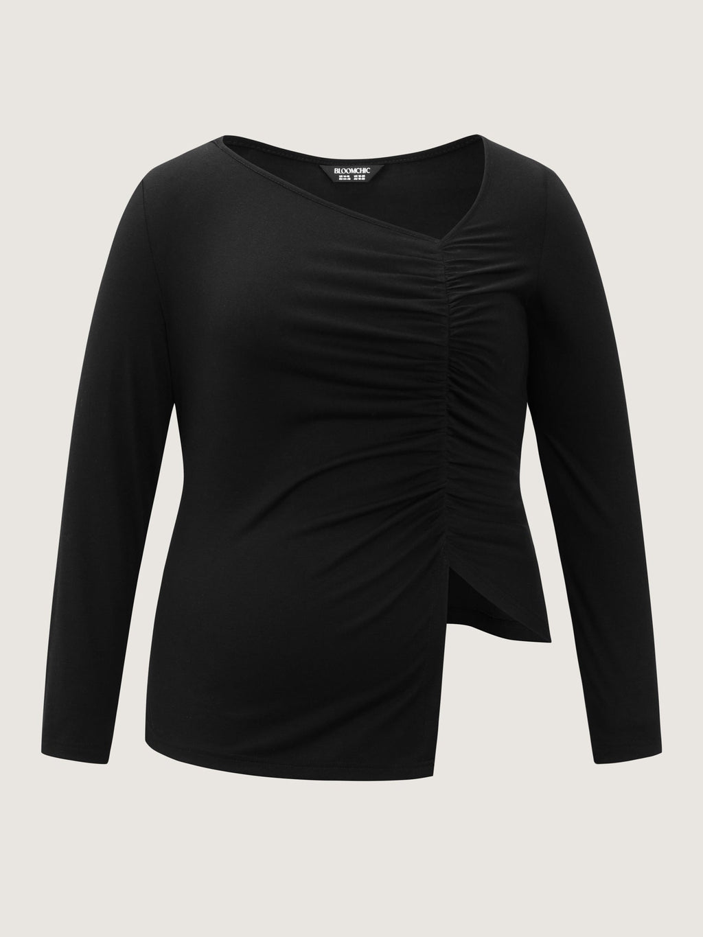 Asymmetrical Neckline Ruched Stretchy Knit Top