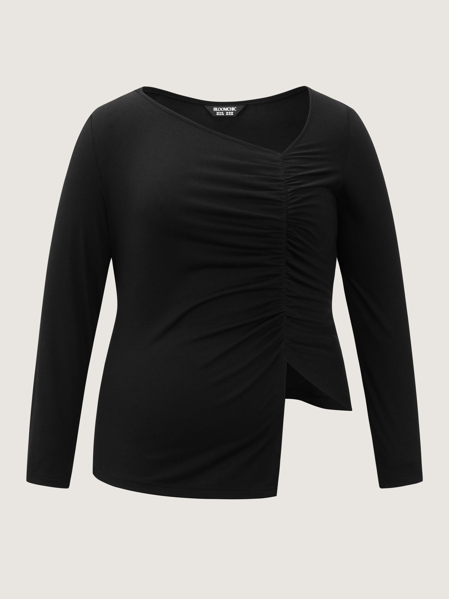 Asymmetrical Neckline Ruched Stretchy Knit Top