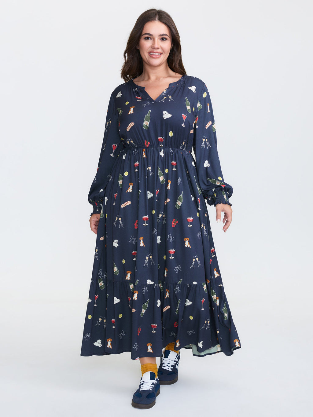 Colorful Pattern Shirred Pockets Midi Dress
