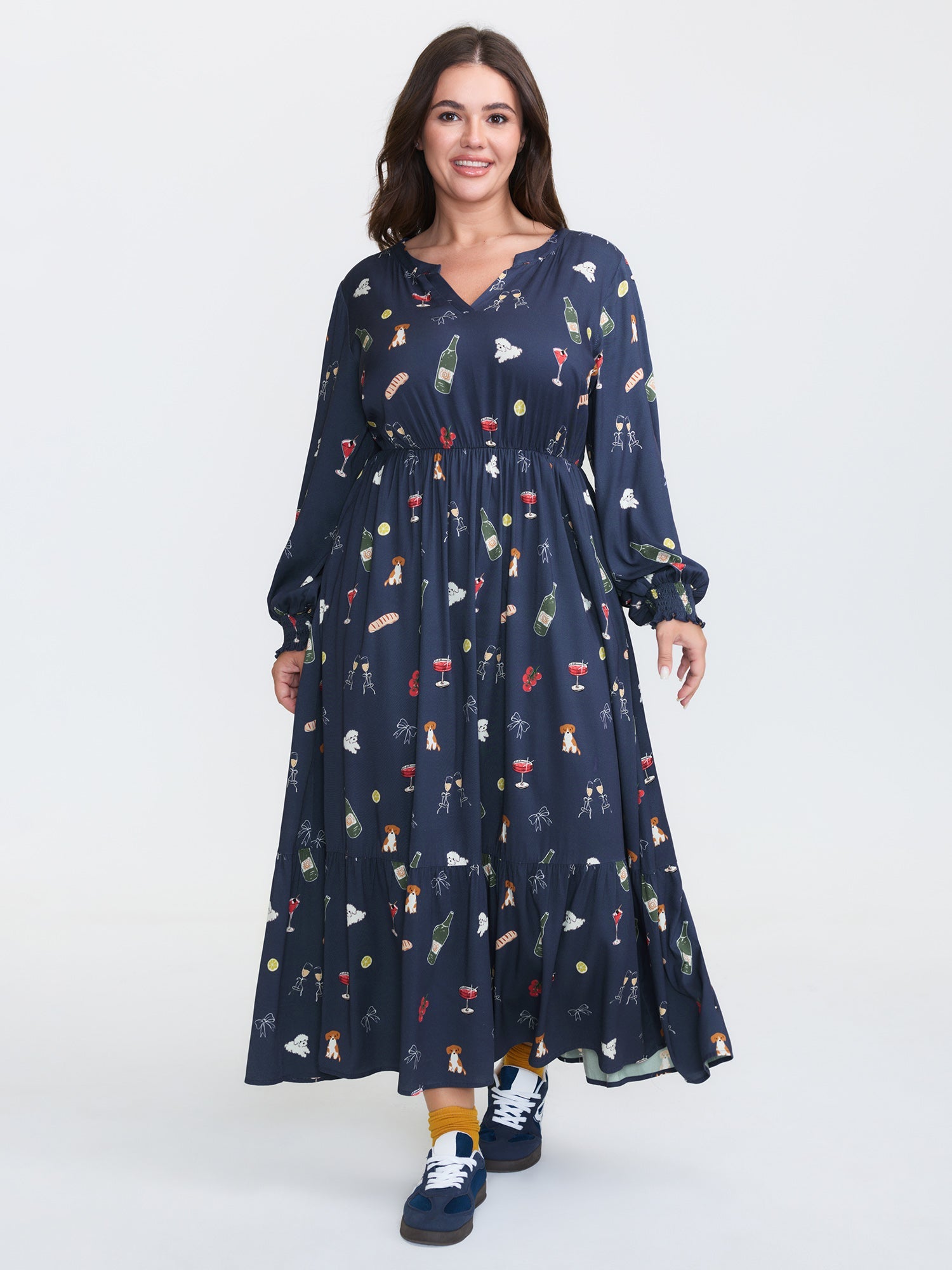 Colorful Pattern Shirred Pockets Midi Dress