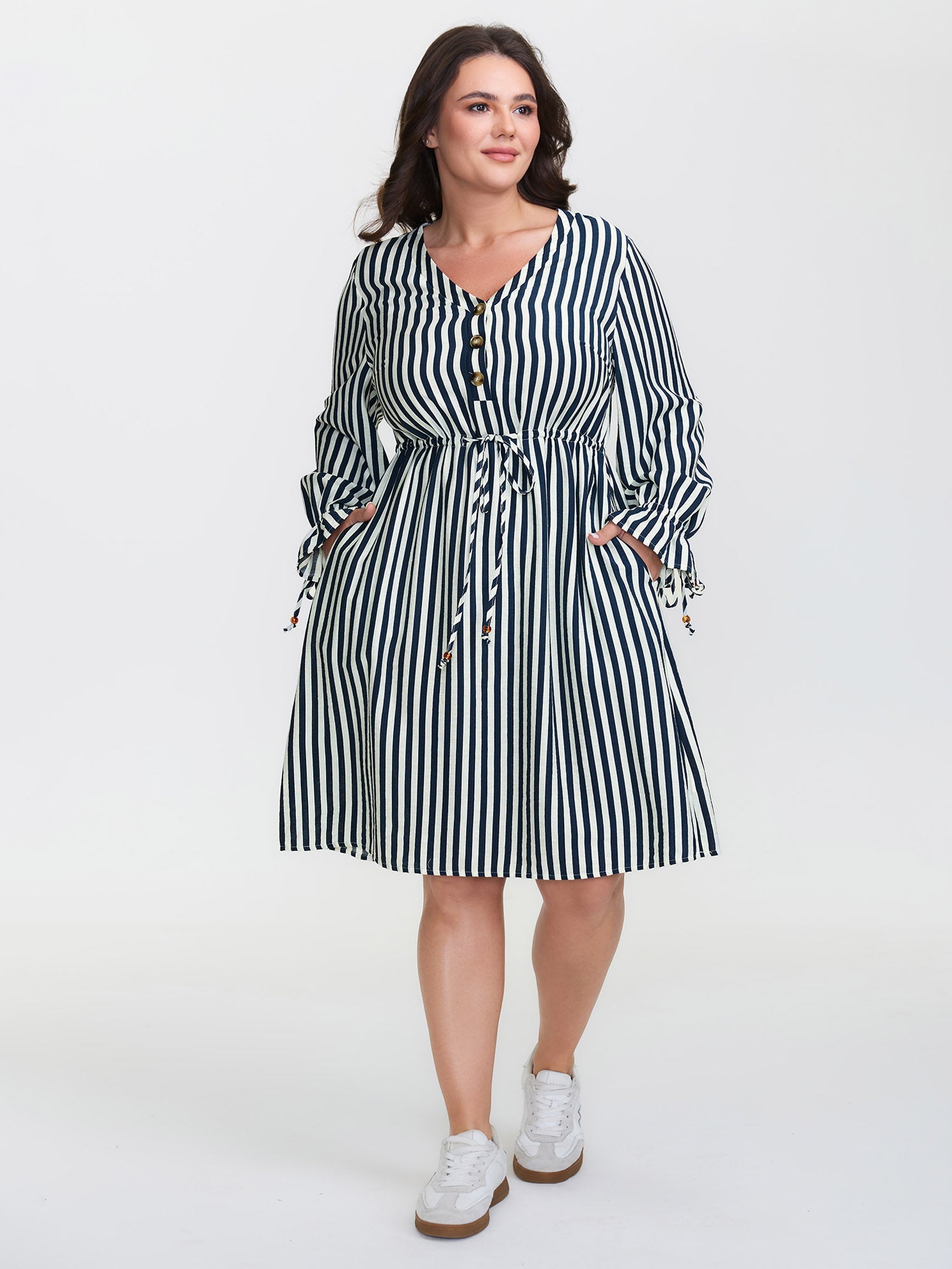Rayon Stripe Pockets Drawstring Midi Dress