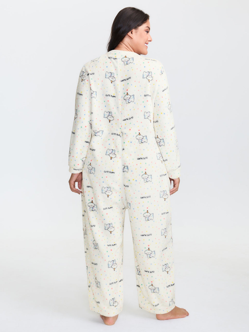 Cozy Puppy Print Zipper Front Lounge Jumpsuit