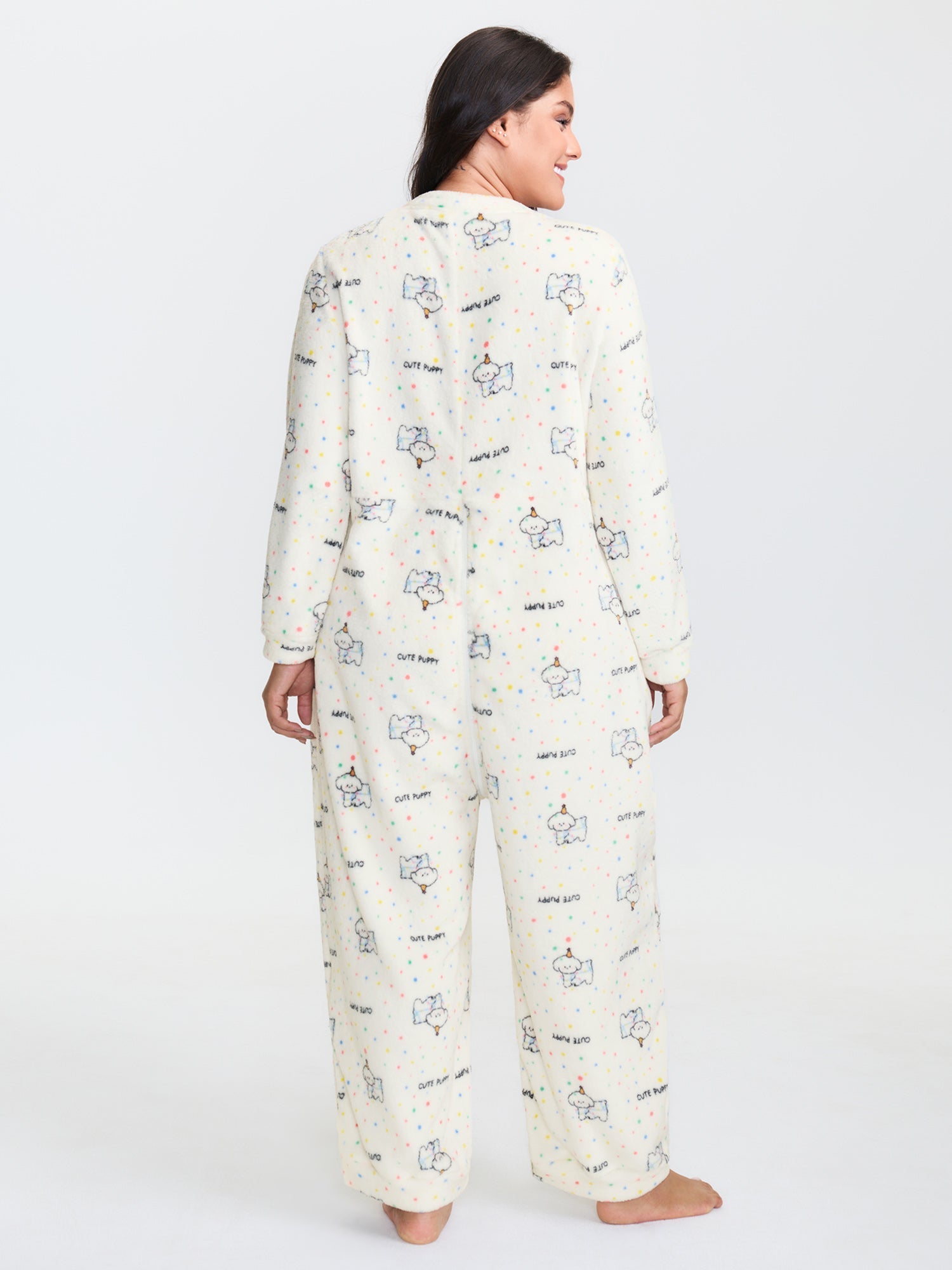 Cozy Puppy Print Zipper Front Lounge Jumpsuit