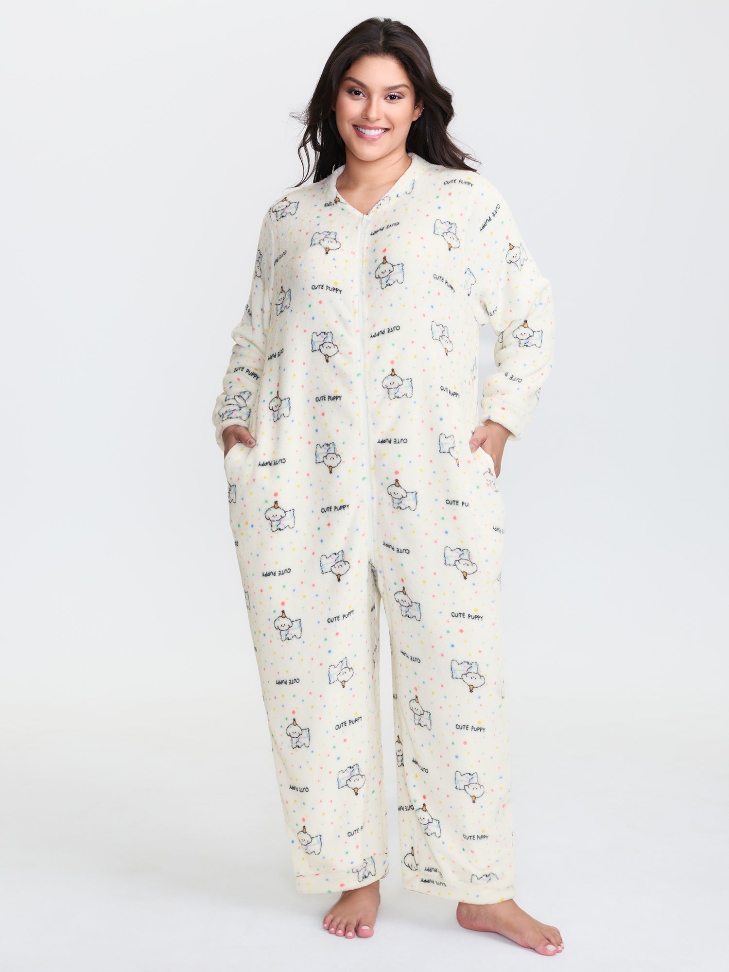 Cozy Puppy Print Zipper Front Lounge Jumpsuit