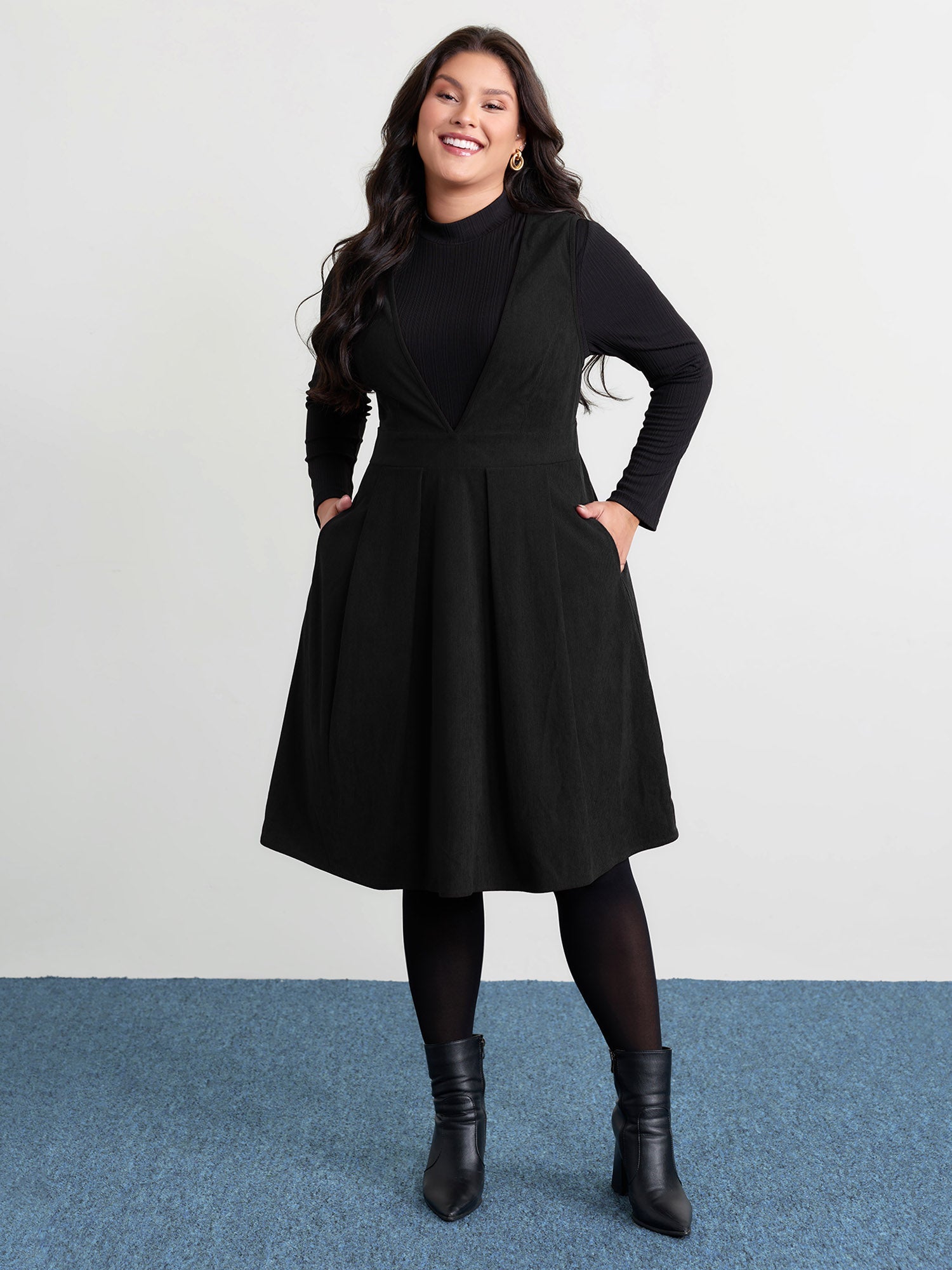 Corduroy Stretchy Waist V-Neck Midi Dress