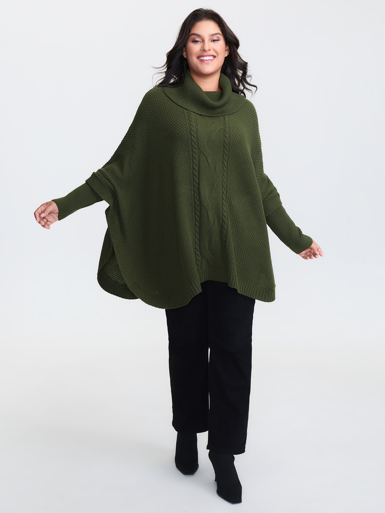 Cableknit Turtleneck Flowy Hem Pullover
