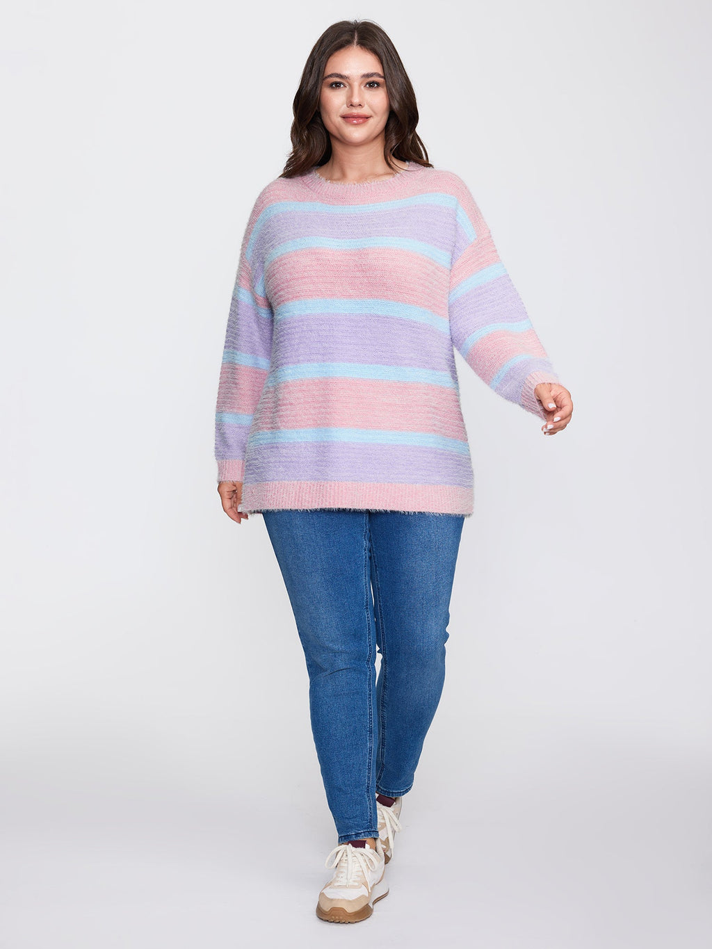 Color Stripe Fluffy Textured Pullover