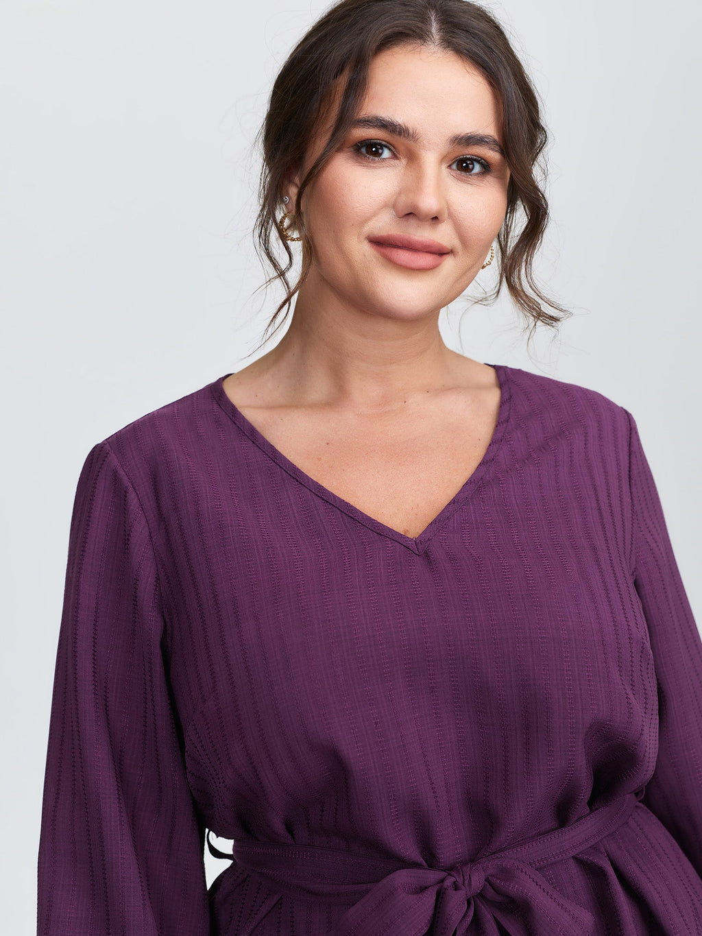 Textured Waist-Tie V-Neck Blouse