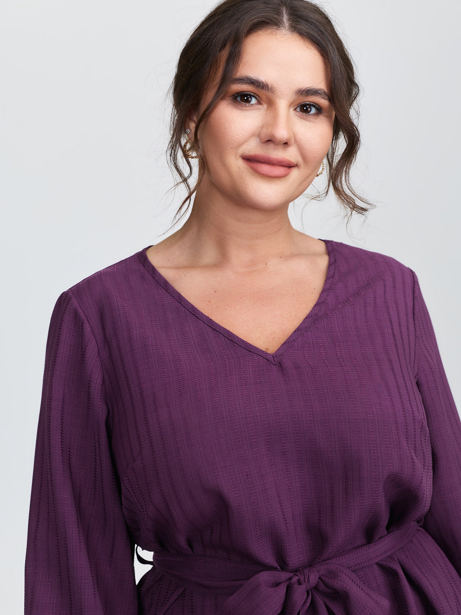 Textured Waist-Tie V-Neck Blouse