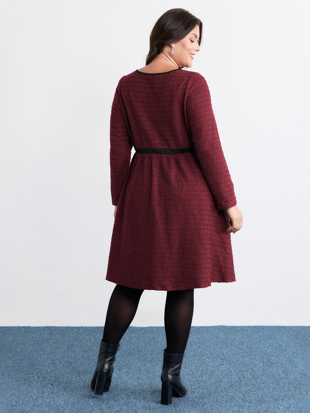 Tweed Stretchy Waist Color Contrast Midi Dress