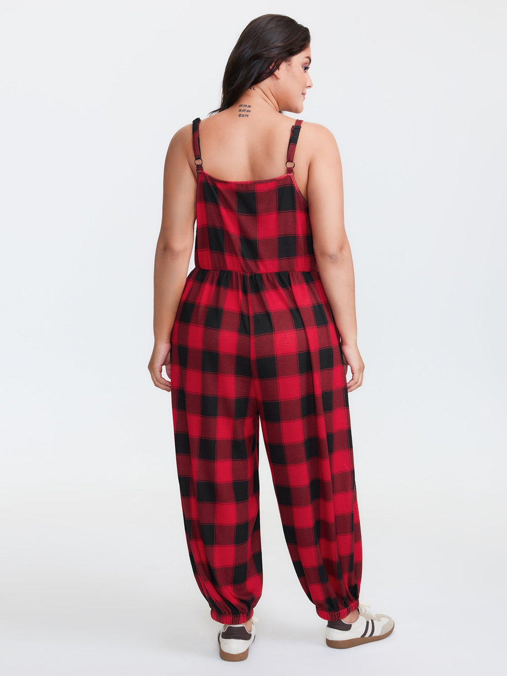 Checkered Shirred Drawstring Pockets Jumpsuit