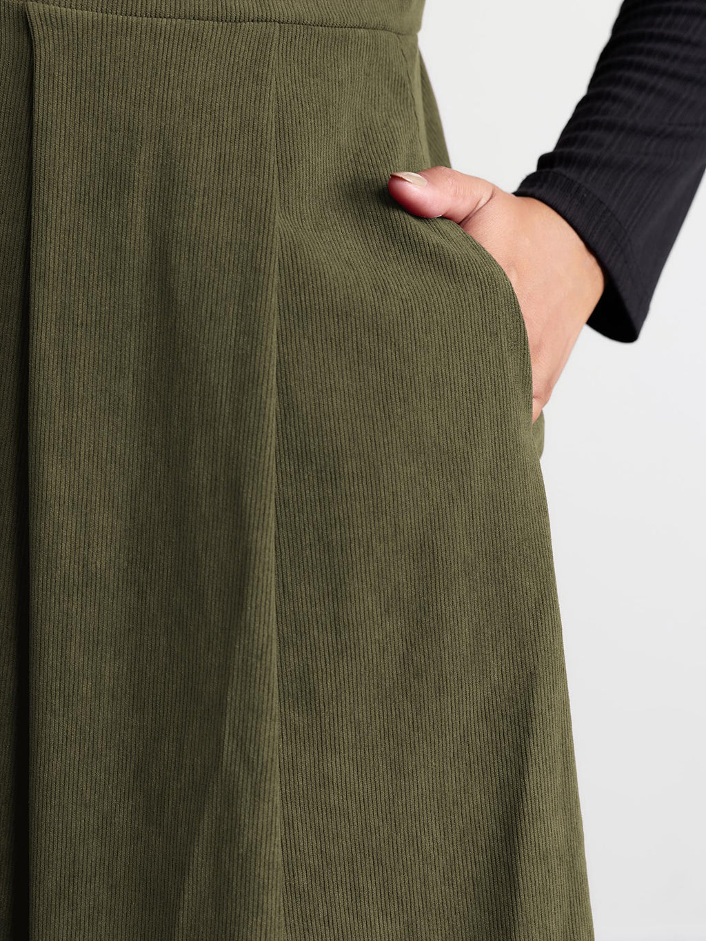 Corduroy Stretchy Waist V-Neck Midi Dress