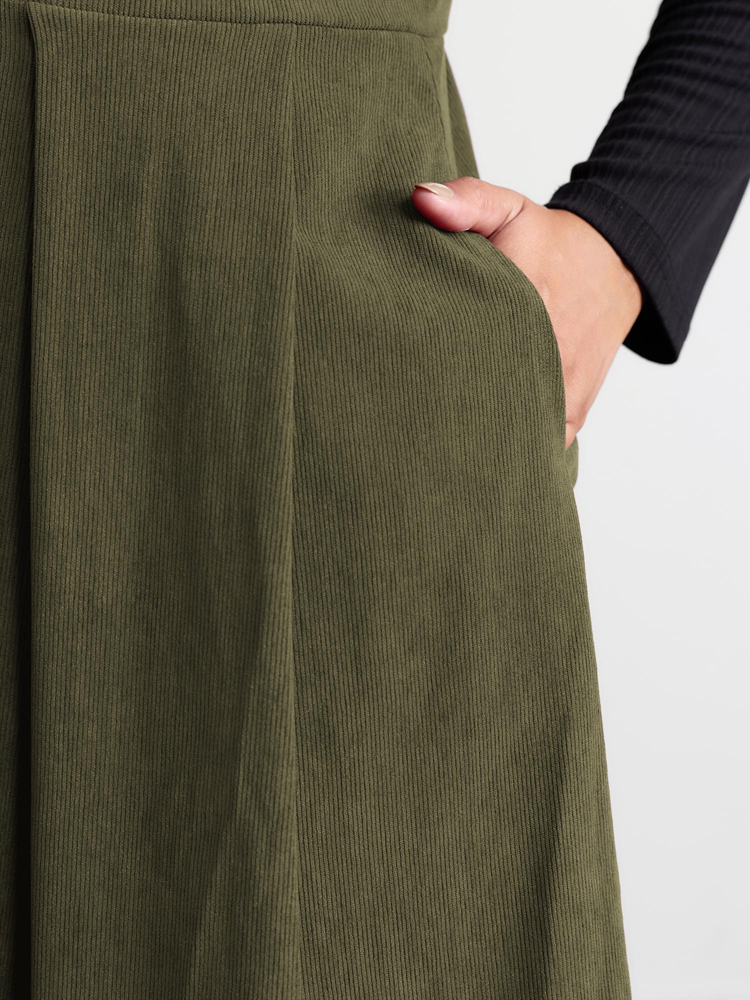Corduroy Stretchy Waist V-Neck Midi Dress